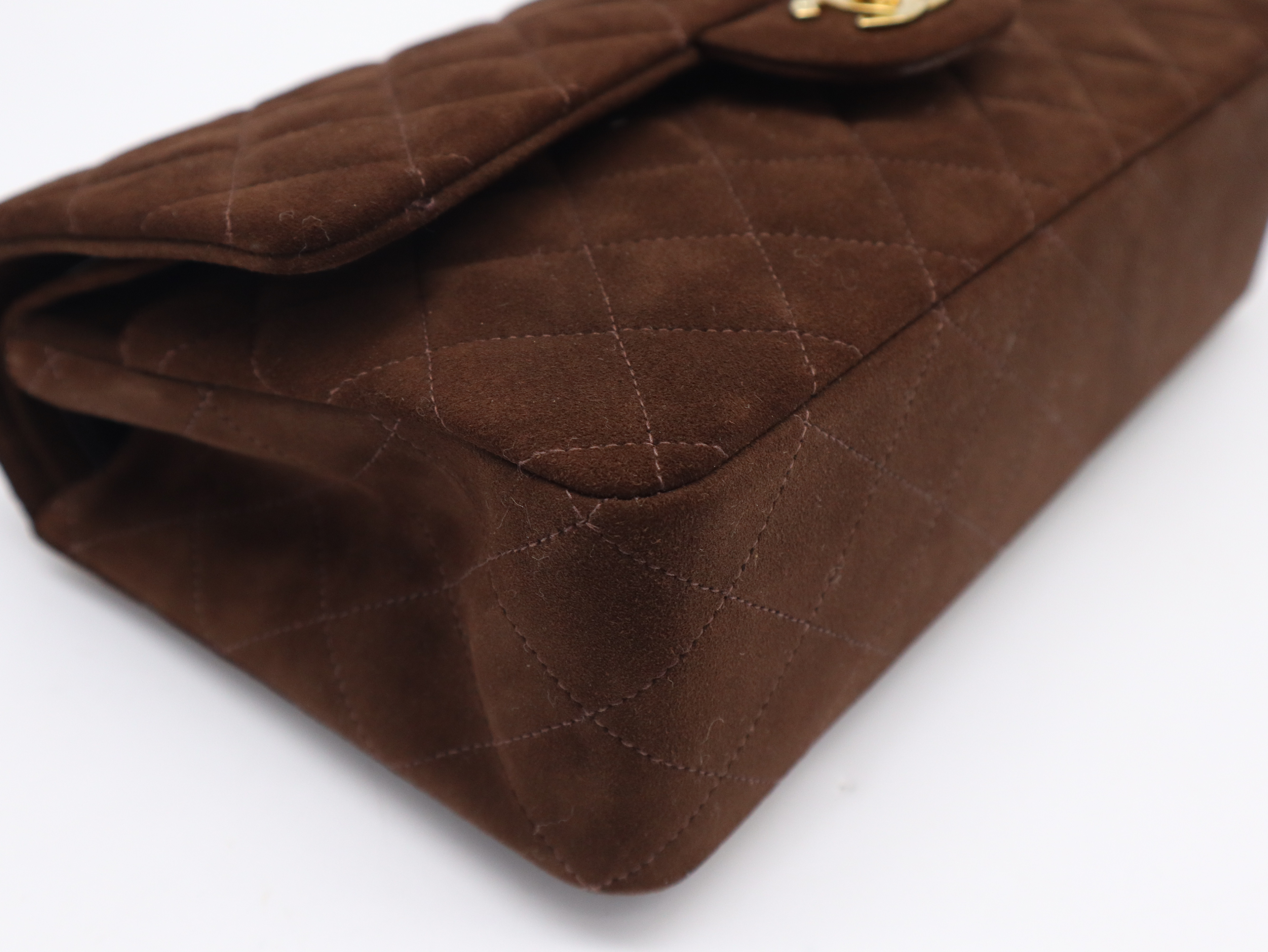 Suede Matelassé 25 Double Flap Double Chain Shoulder Bag, Gold Hardware, Brown, Seal, 2926209, with Box and Dust Bag. — view 7