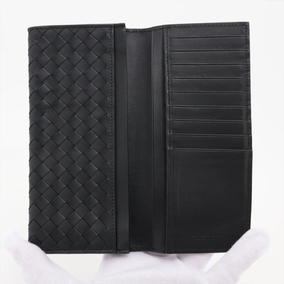 Intrecciato Leather Long Wallet, Black — view 3