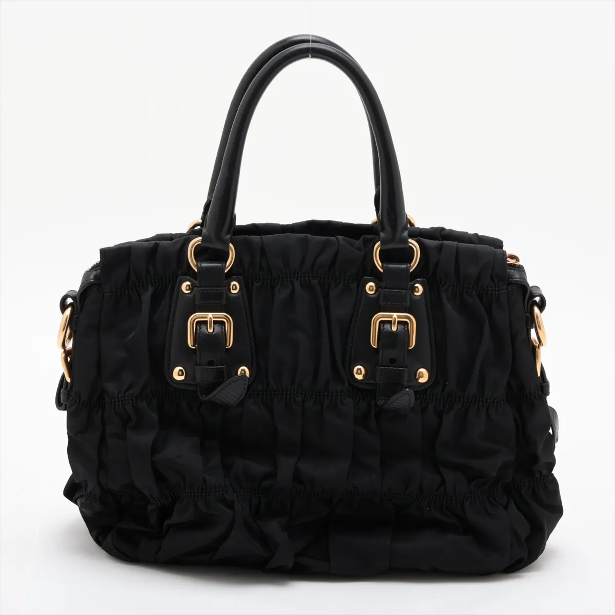 Gathered Nylon x Leather 2-Way Handbag, Black — view 2