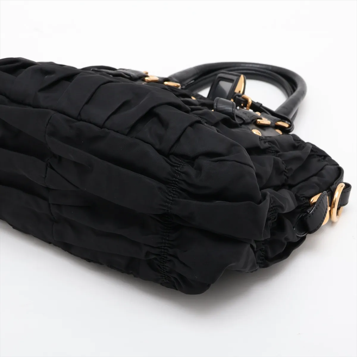 Gathered Nylon x Leather 2-Way Handbag, Black — view 3