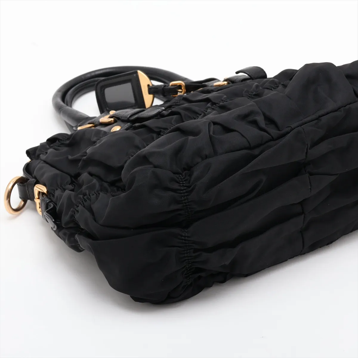 Gathered Nylon x Leather 2-Way Handbag, Black — view 4