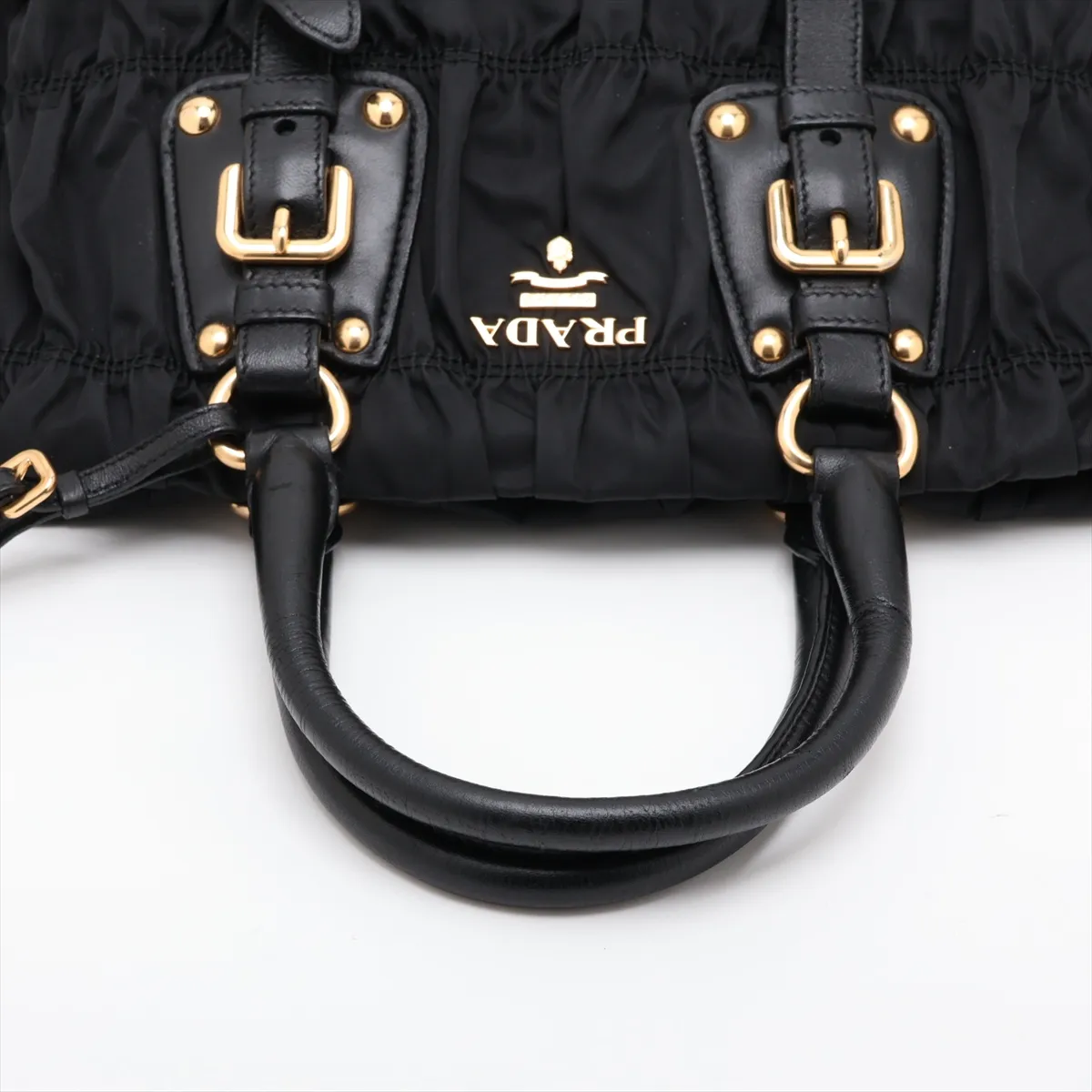 Gathered Nylon x Leather 2-Way Handbag, Black — view 5