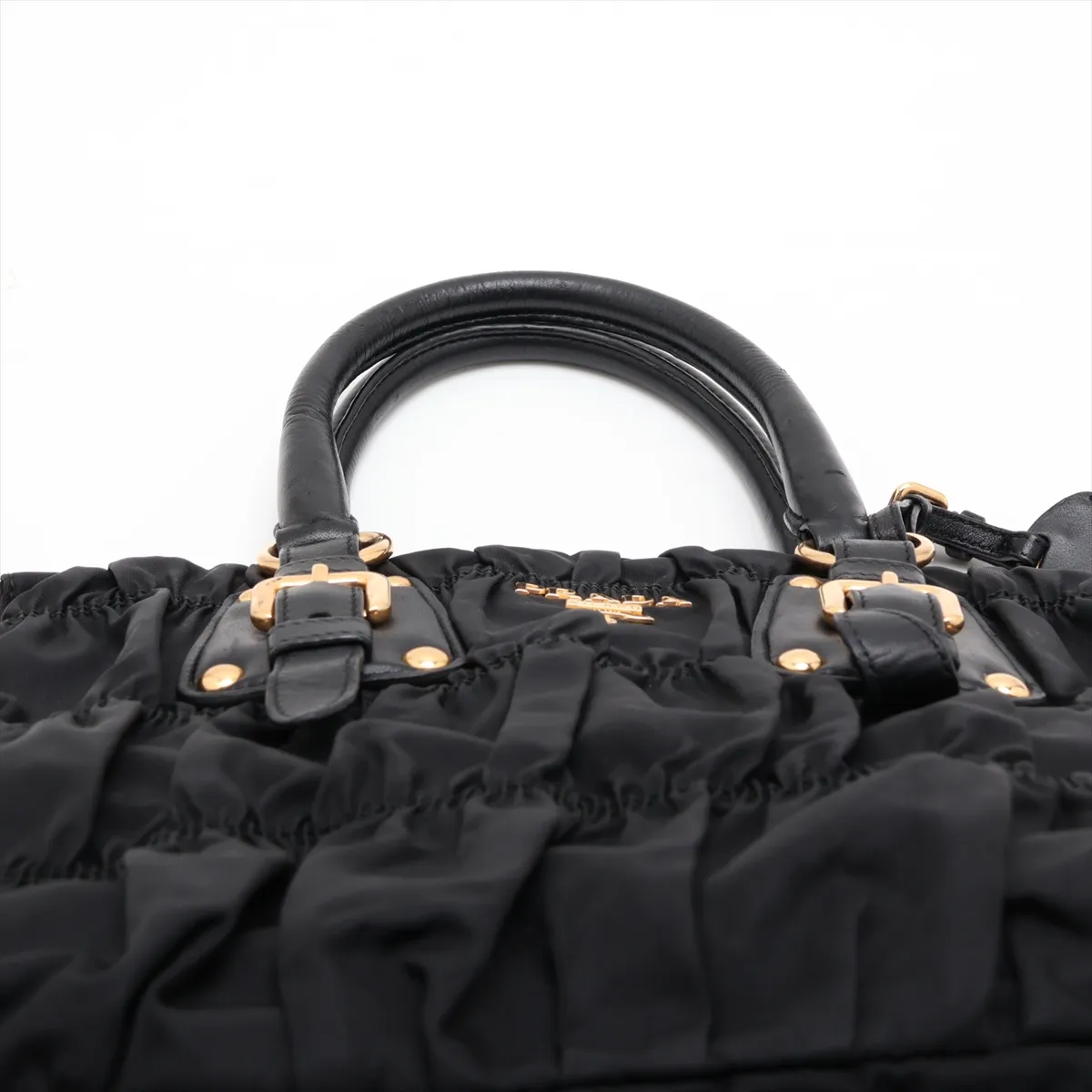 Gathered Nylon x Leather 2-Way Handbag, Black — view 6