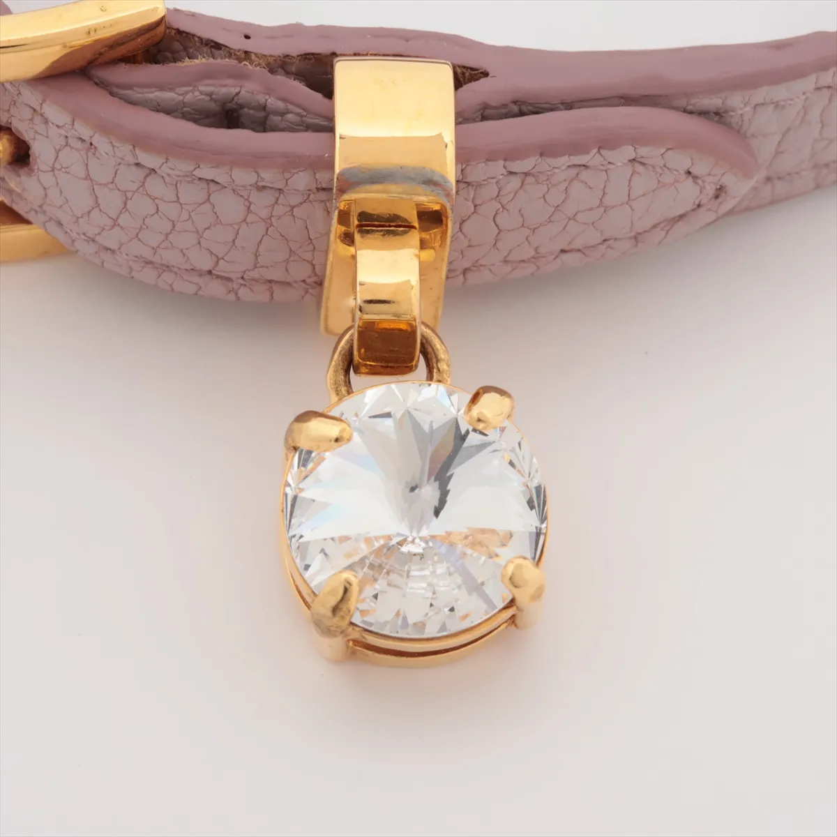 bracelet, gold plated, rhinestones, and leather, pink. Has a bad — view 3