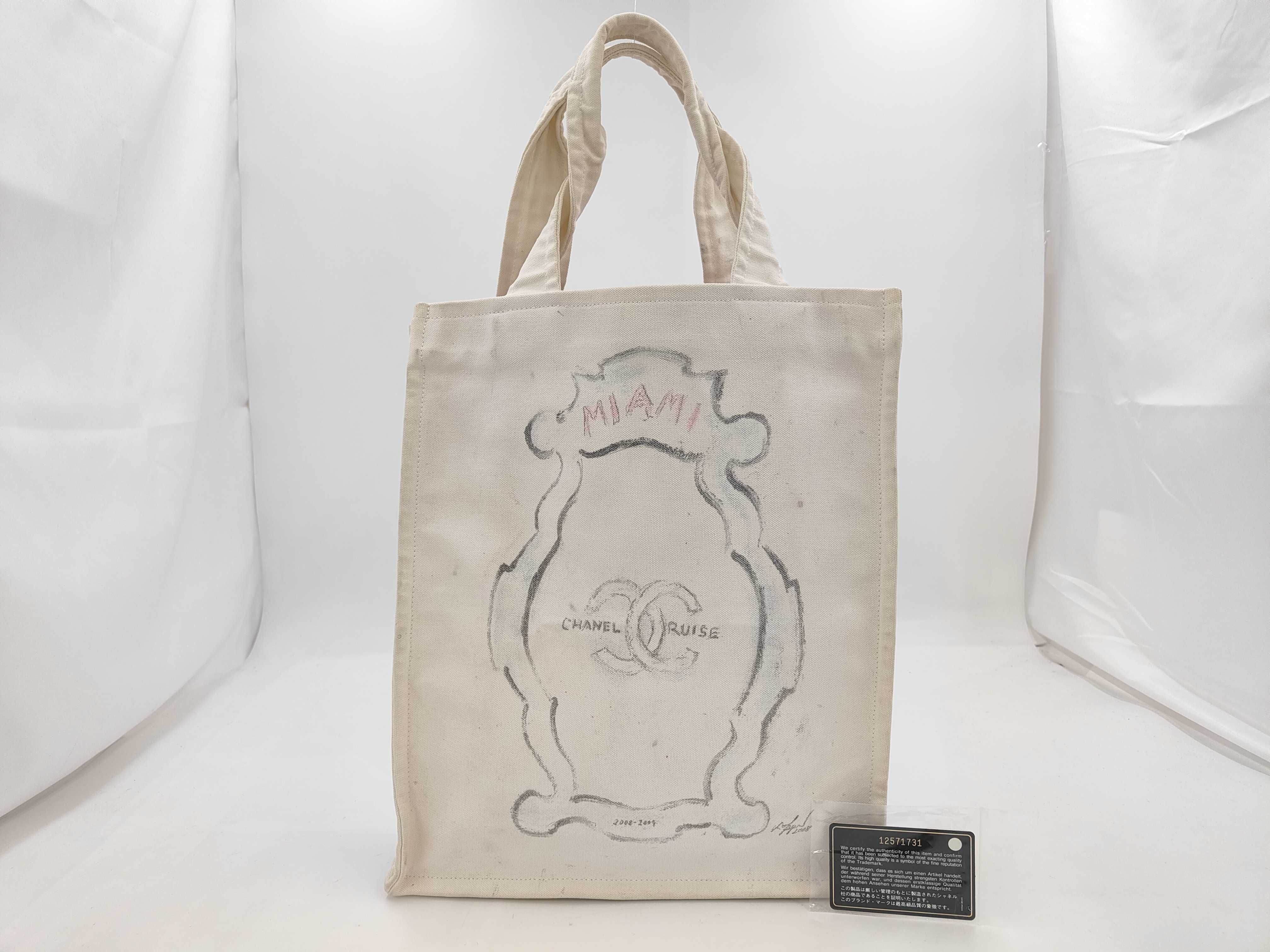 Miami Cruise Line Tote Bag, Canvas, White x Black x Red, Silver Hardware, 12571731 Tote Bag