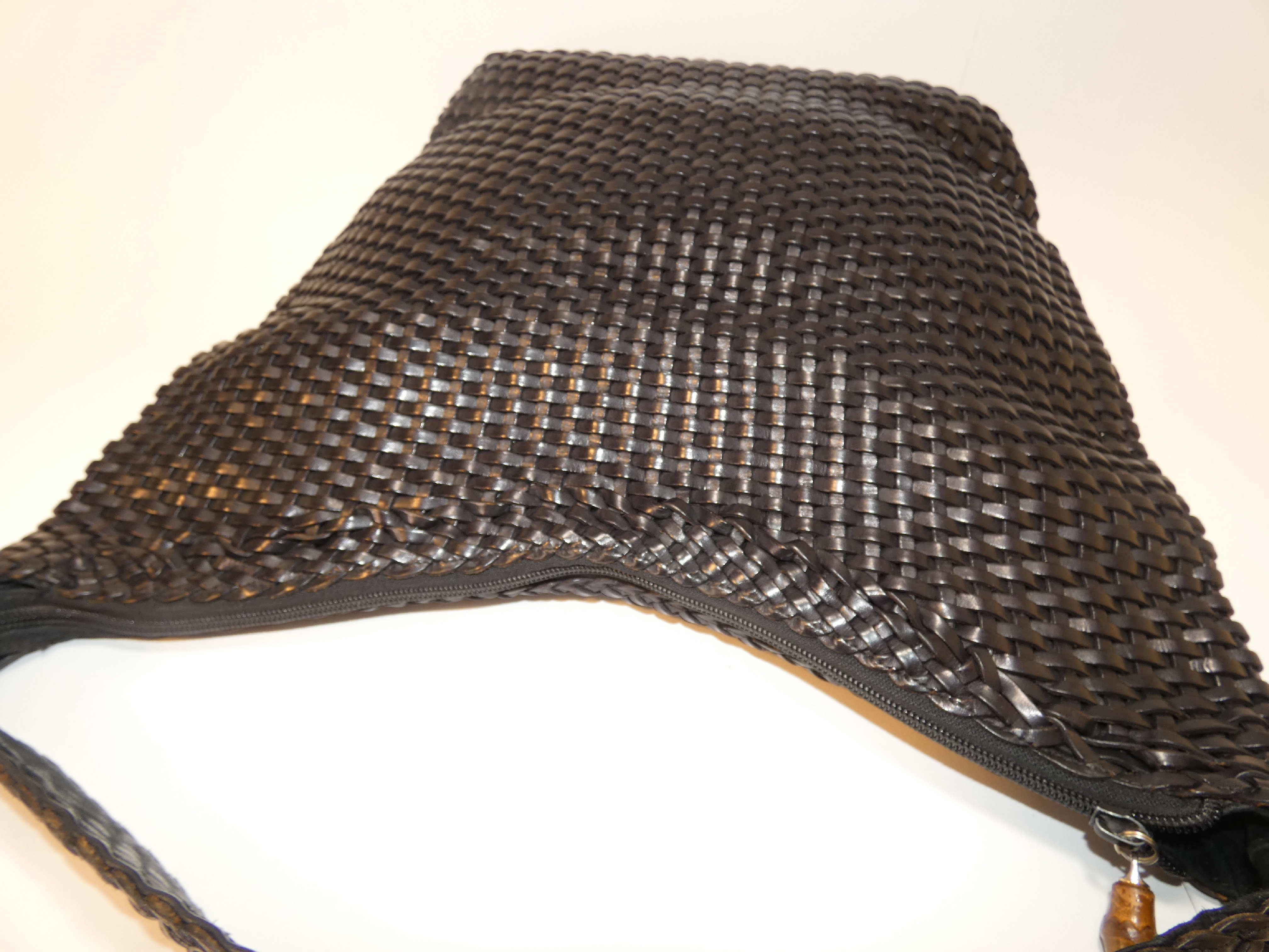 Intrecciato Woven Bamboo Leather Dark Brown One-Shoulder Handbag — view 3
