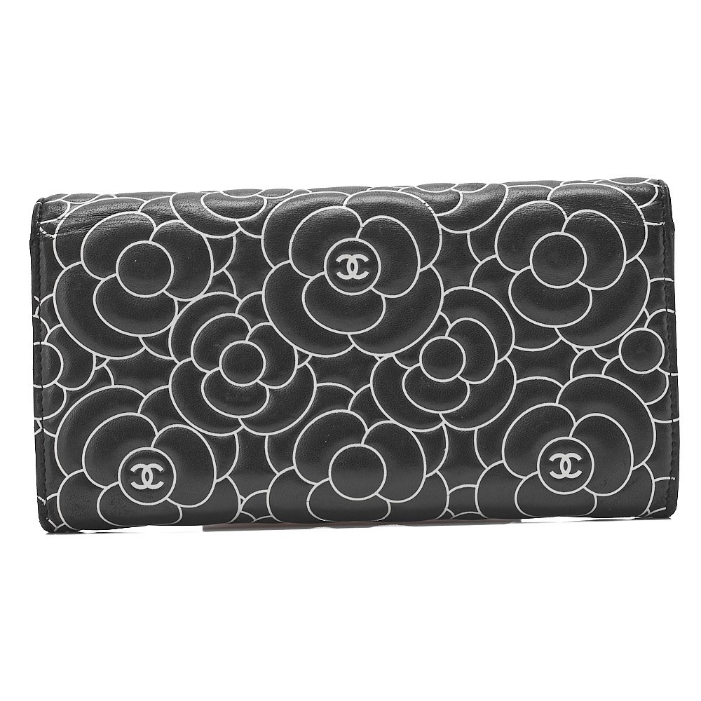 Lambskin Camellia Bi-fold Long Wallet, Black x White, Silver Hardware, Serial Number 22 — view 2