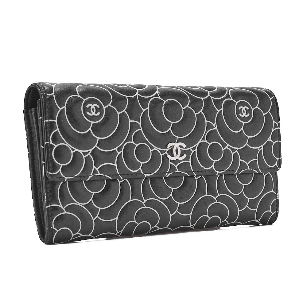Lambskin Camellia Bi-fold Long Wallet, Black x White, Silver Hardware, Serial Number 22 — view 3