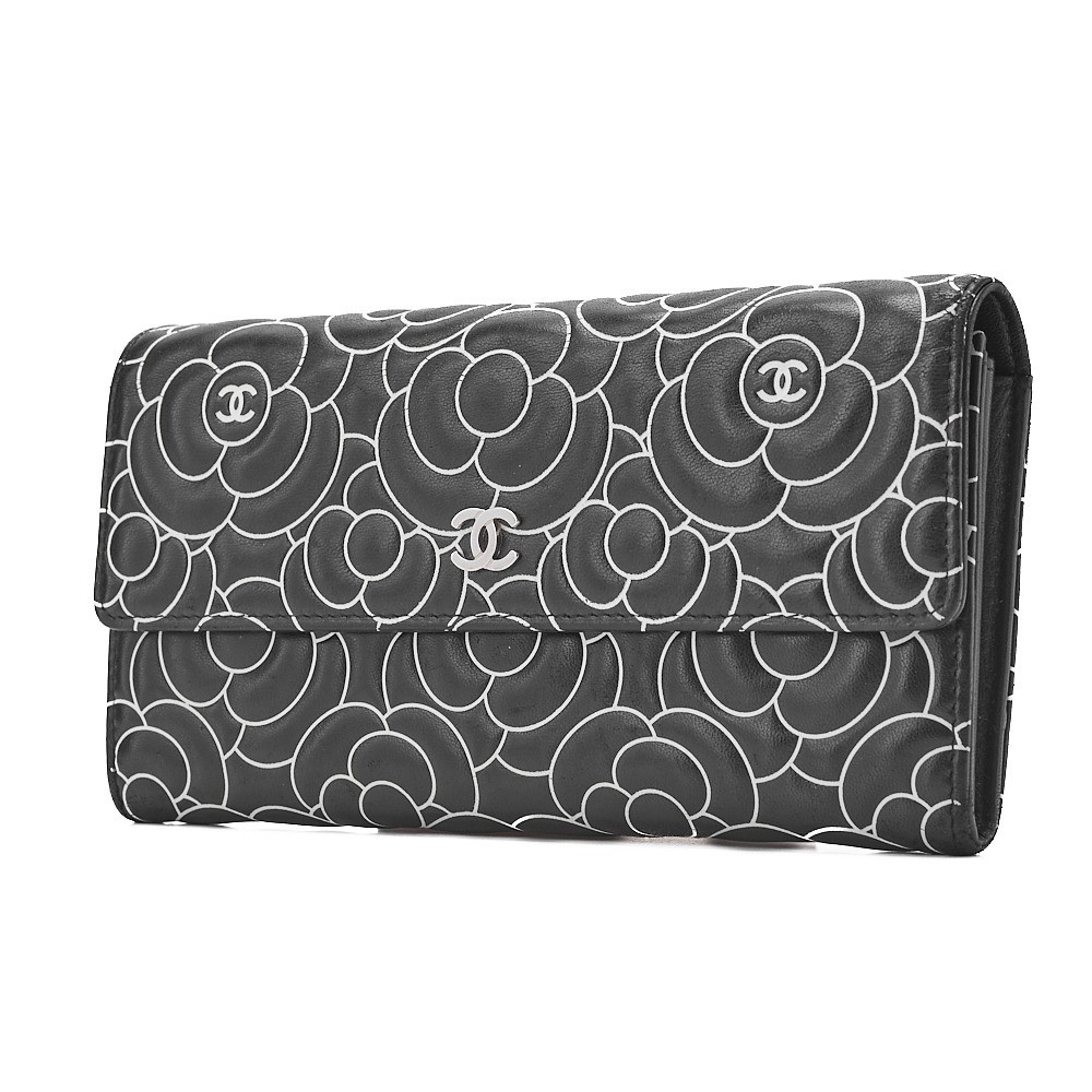 Lambskin Camellia Bi-fold Long Wallet, Black x White, Silver Hardware, Serial Number 22 — view 4