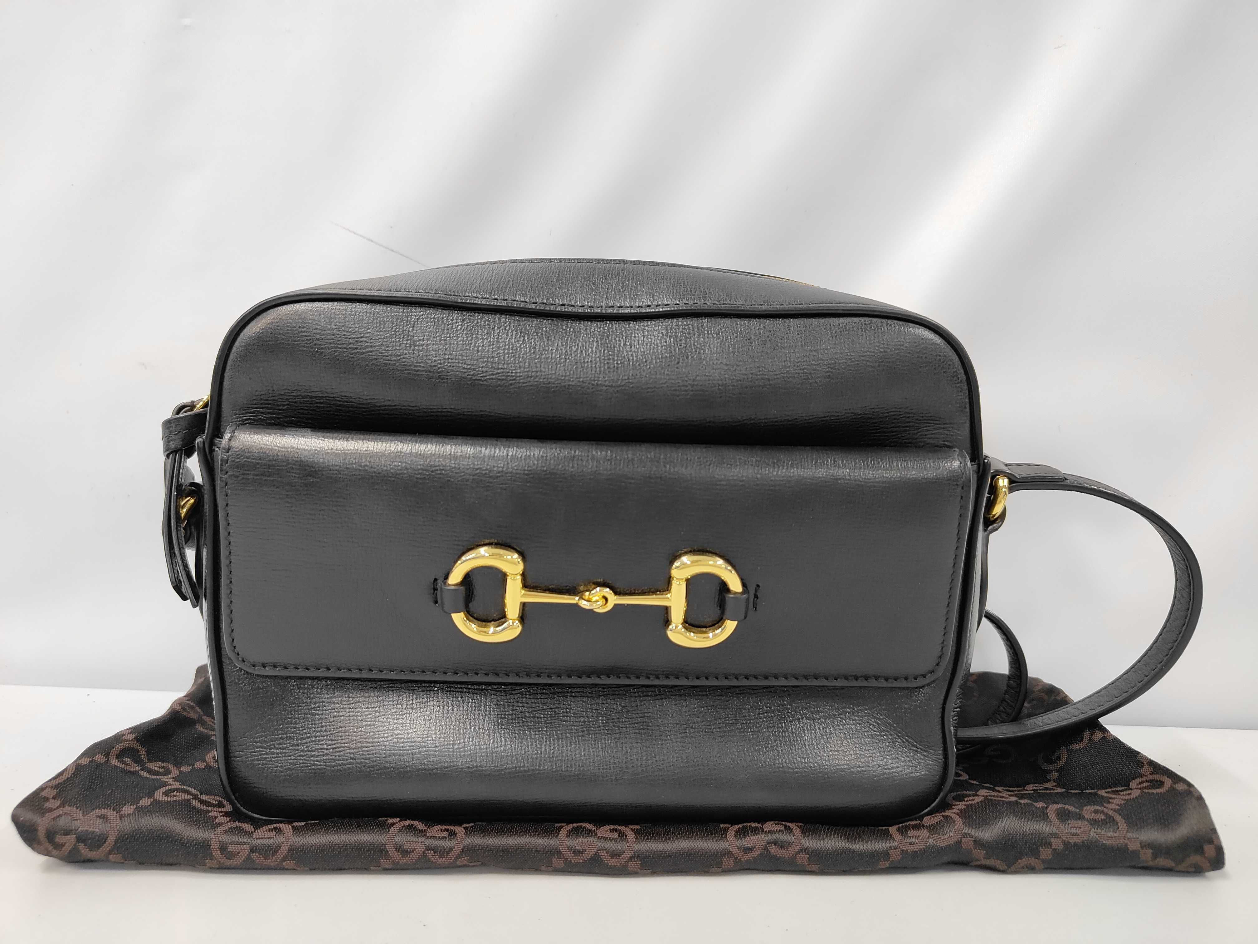 Horsebit Shoulder Bag, Leather, Black, 493075, Gucci Shoulder Bag