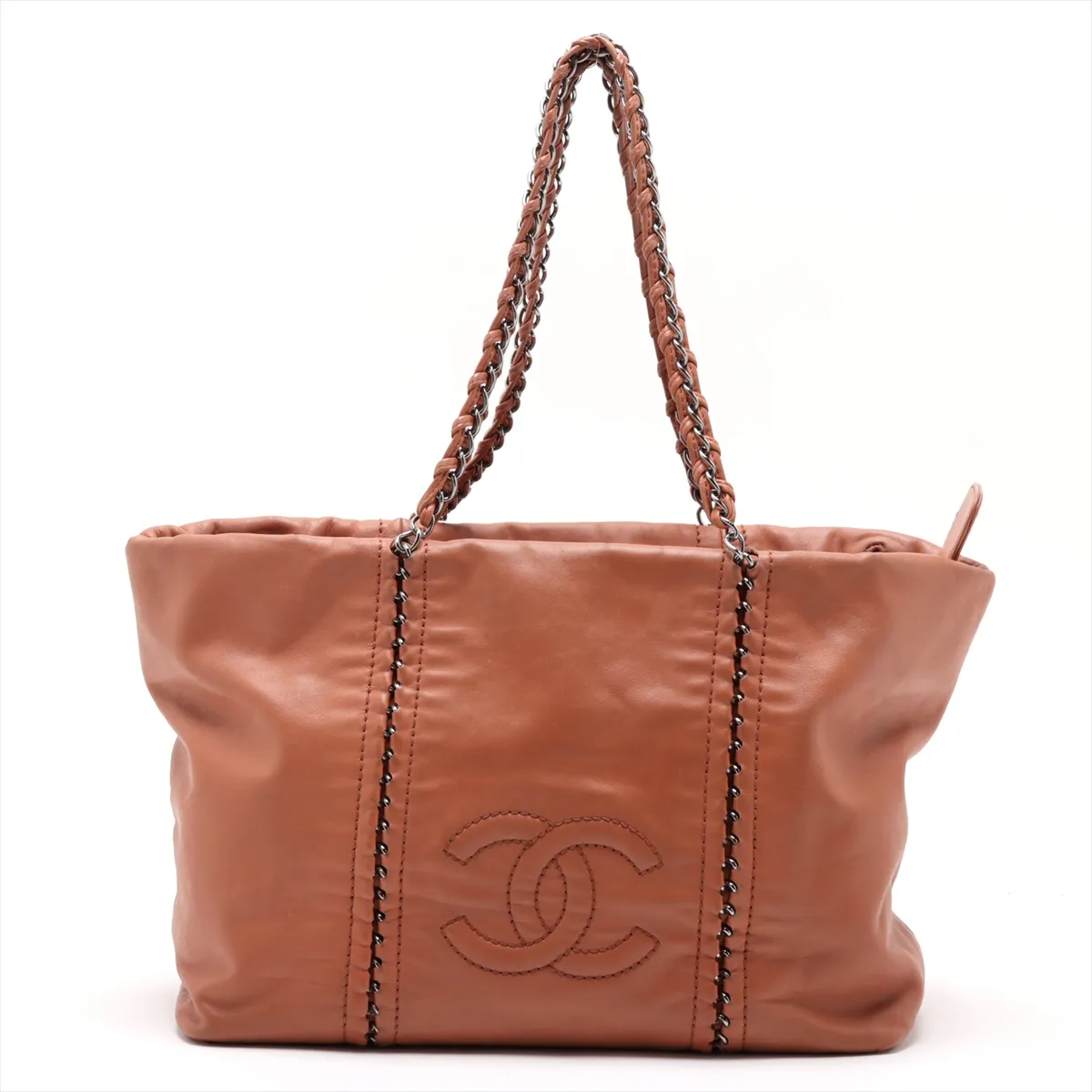 Luxury Line Leather Chain Tote Bag, Brown with Silver Hardware