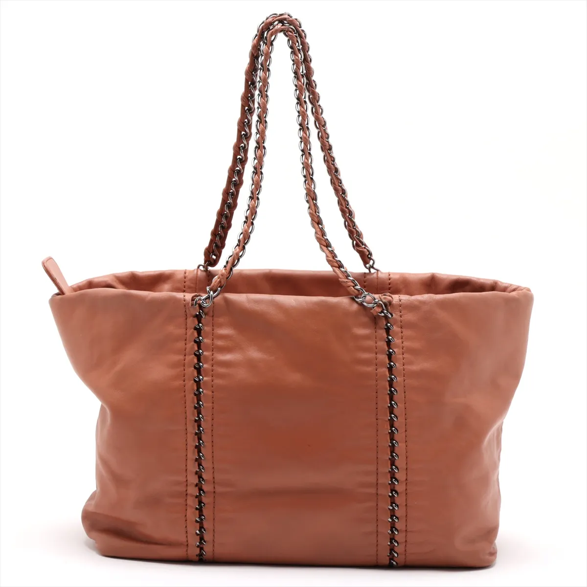 Luxury Line Leather Chain Tote Bag, Brown with Silver Hardware — view 2