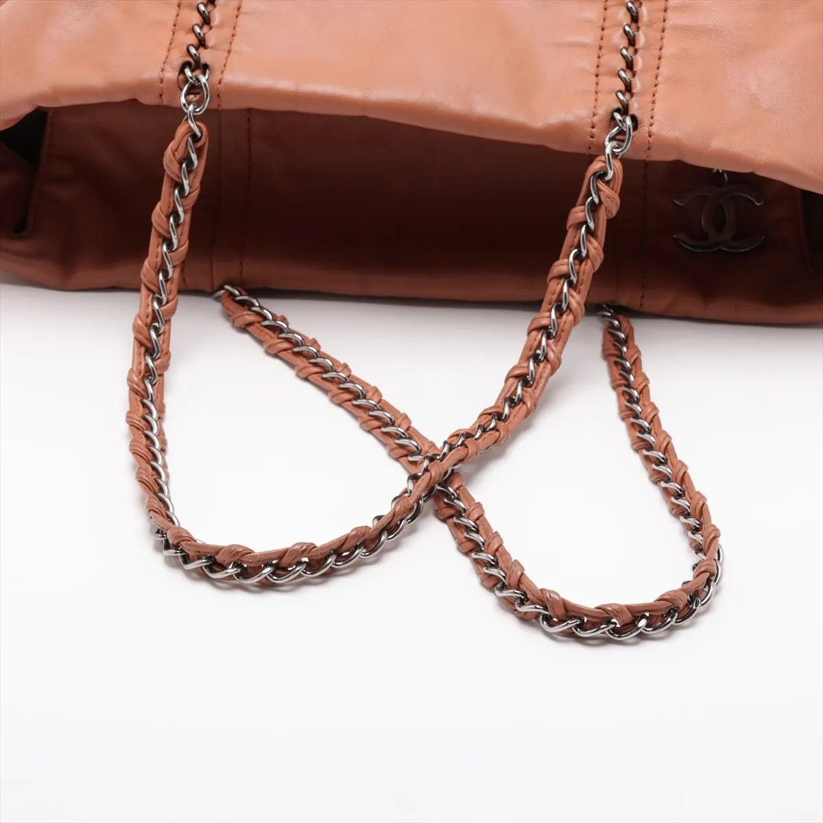 Luxury Line Leather Chain Tote Bag, Brown with Silver Hardware — view 5