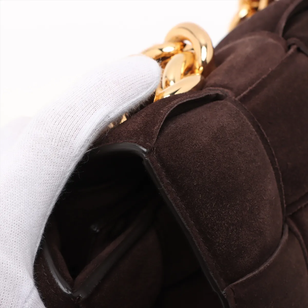 Maxi Intrecciato Padette Cassette Suede Chain Shoulder Bag Brown — view 13