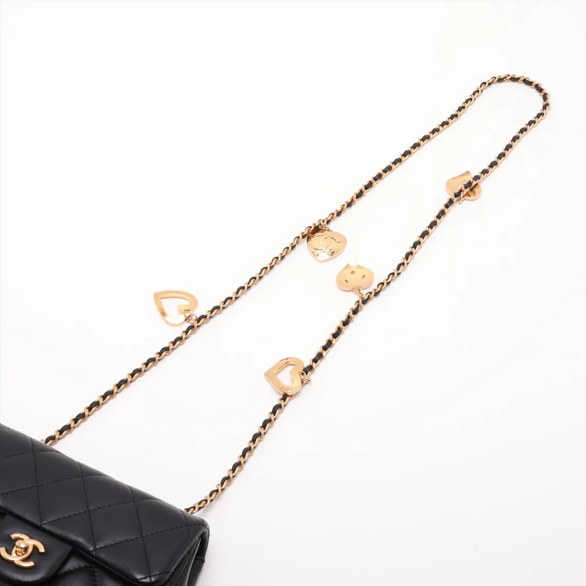 Matelassé Lambskin Single Flap Single Chain Bag, Heart Design, Black with Gold Hardware, GA73GCG5, Random Plate — view 5