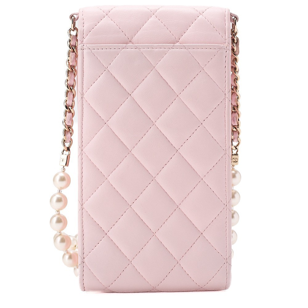Lambskin Matelassé Messenger Bag with Pearl Chain Shoulder Strap — view 2