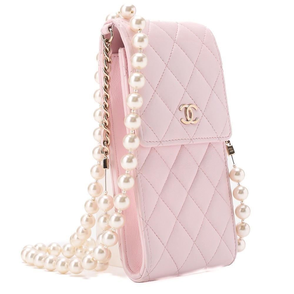 Lambskin Matelassé Messenger Bag with Pearl Chain Shoulder Strap — view 3