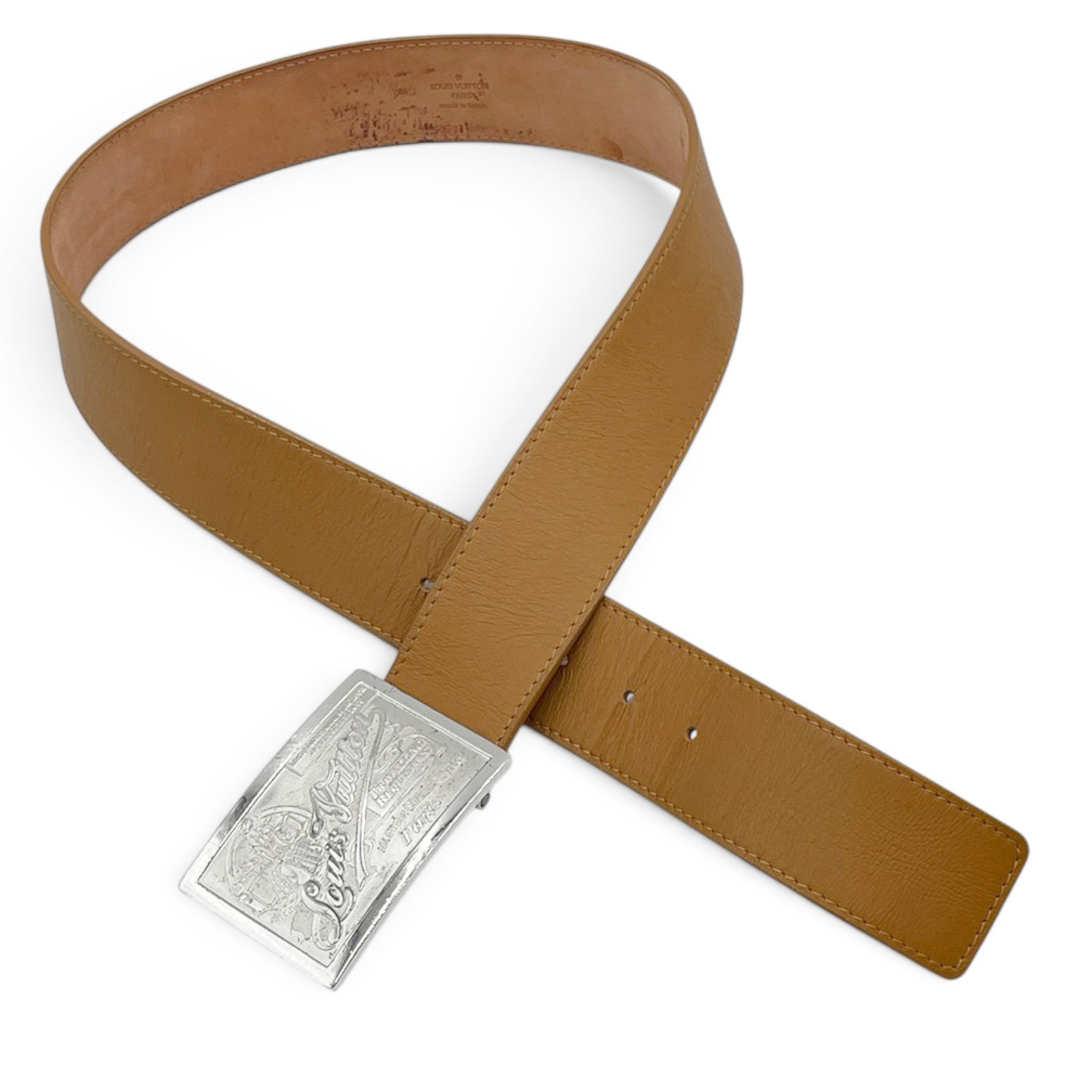 Men's Belt, Jeans Size 85, Silver Buckle, Leather, Camel Brown, Simple Buckle. — view 3