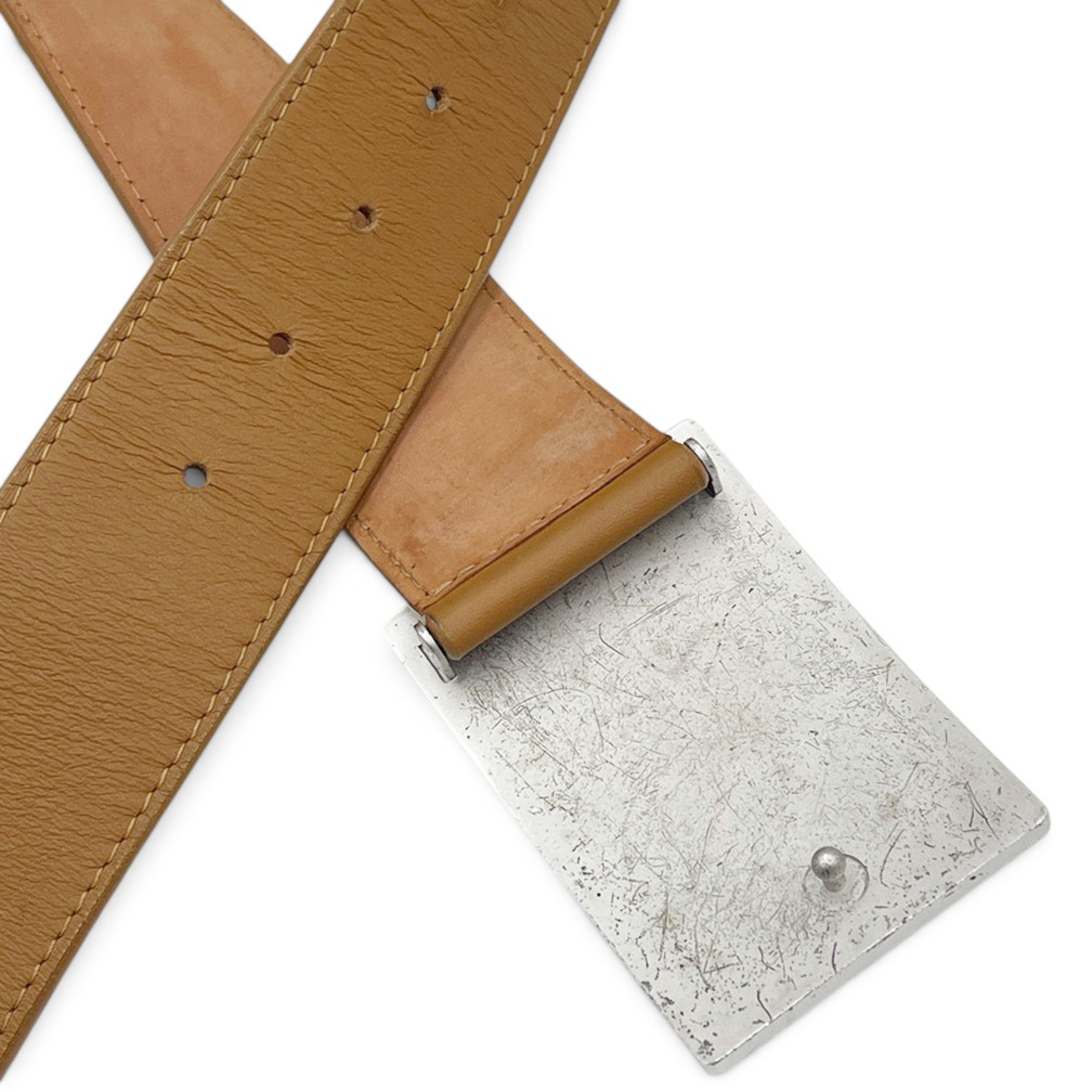 Men's Belt, Jeans Size 85, Silver Buckle, Leather, Camel Brown, Simple Buckle. — view 5