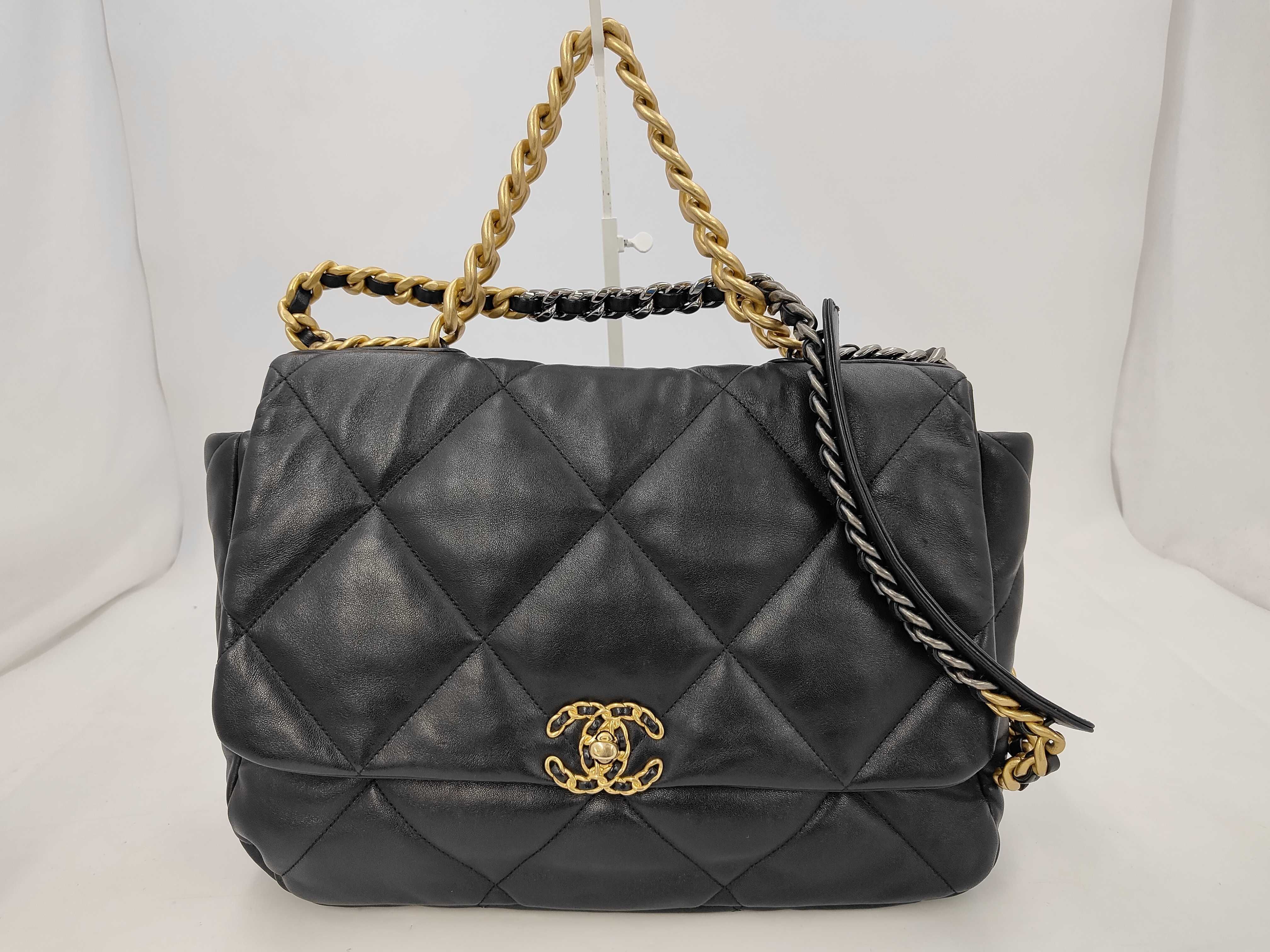 19 Bag, Black Quilted Lambskin Maxi Shoulder Bag with Gold Hardware