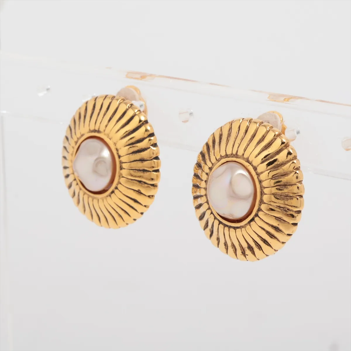 earrings (for both ears), gold-plated with faux pearls. Shows signs of wear, including — view 3