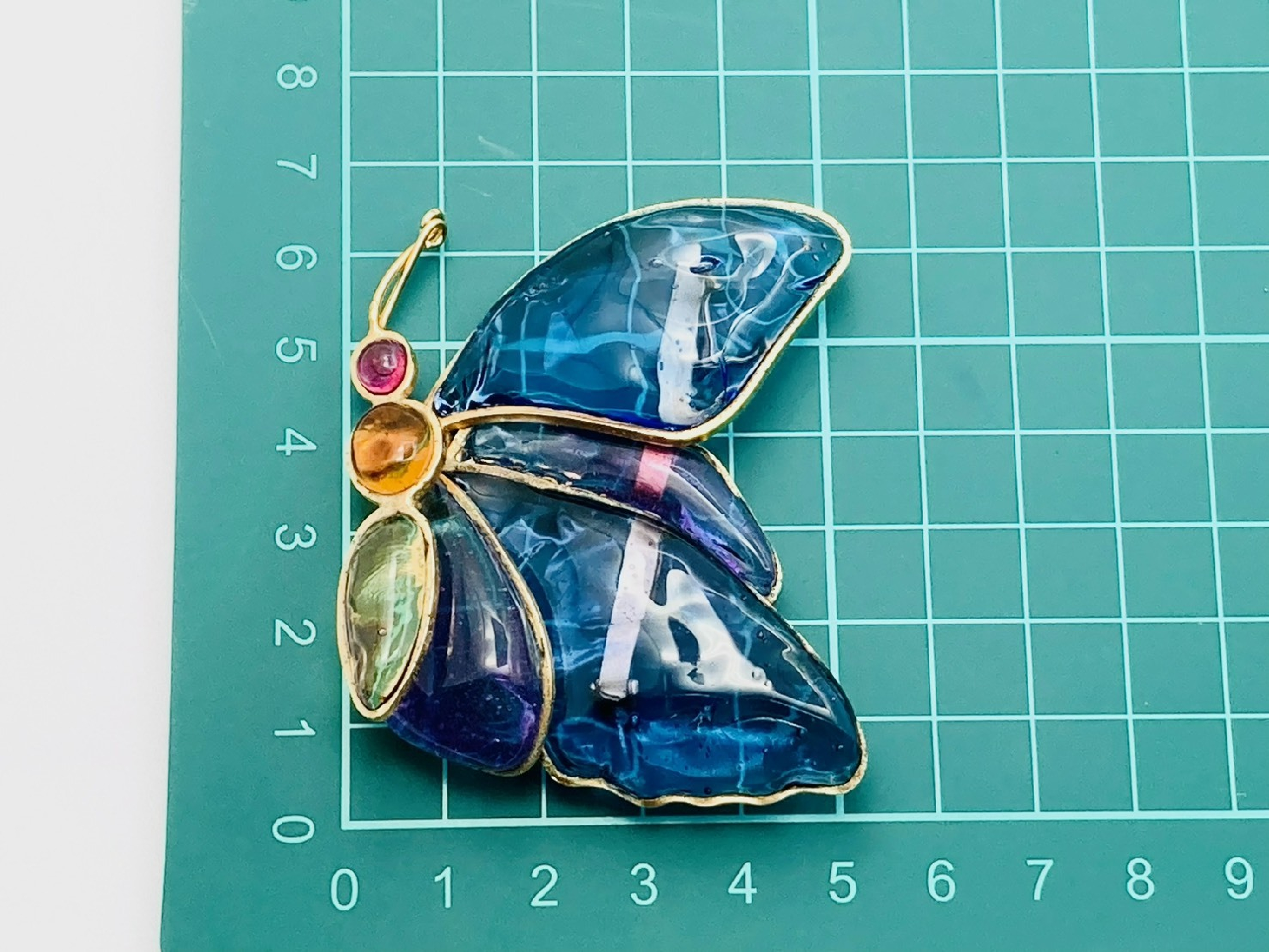 Butterfly Papillon Brooch, Old Vintage Blue Resin Glass Brooch — view 5