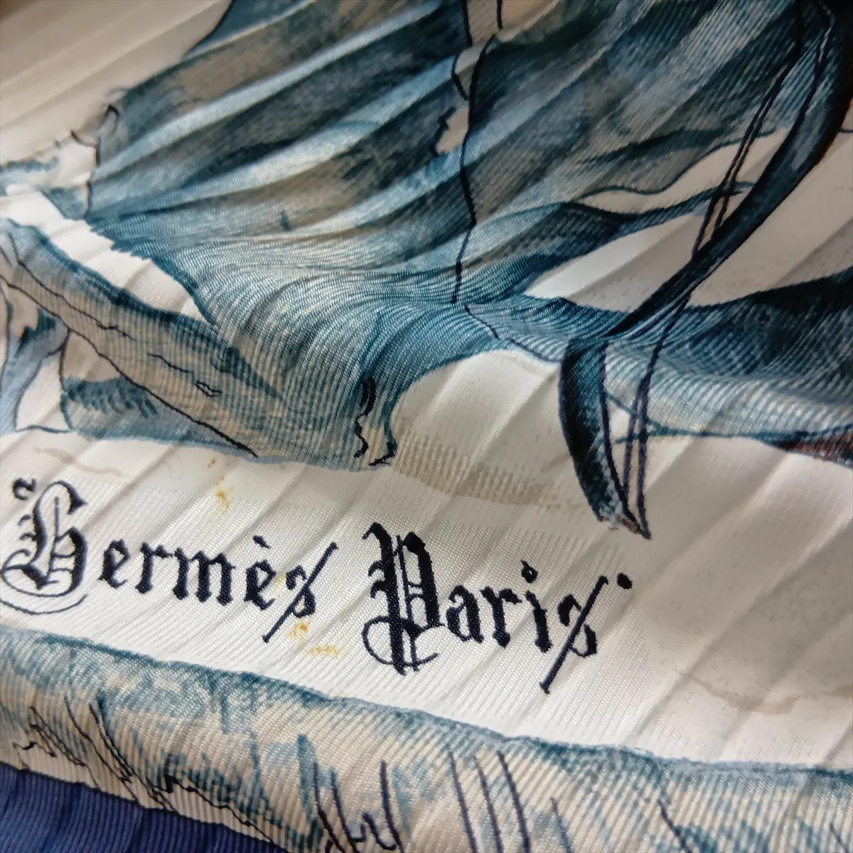 Pleated Carre L'HIVER Winter Scarf, Silk, Navy, — view 5
