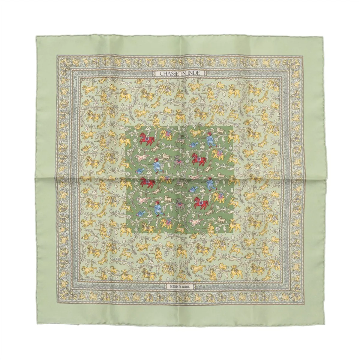 Carre 45 CHASSE EN INDE (Hunting in India) Silk Scarf, Green. Shows signs of wear,