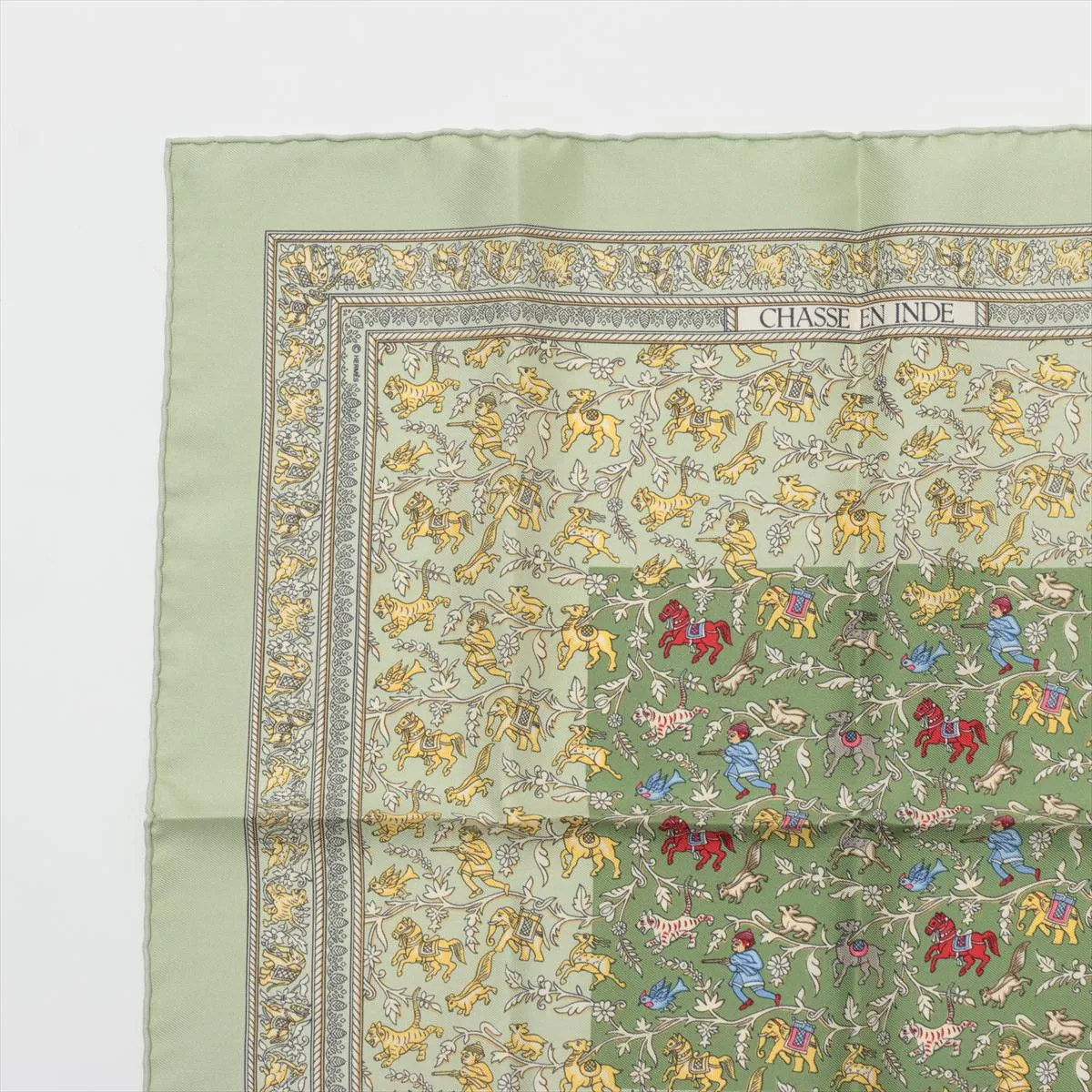 Carre 45 CHASSE EN INDE (Hunting in India) Silk Scarf, Green. Shows signs of wear, — view 2