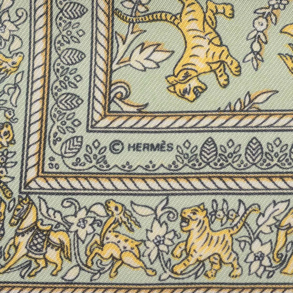 Carre 45 CHASSE EN INDE (Hunting in India) Silk Scarf, Green. Shows signs of wear, — view 6