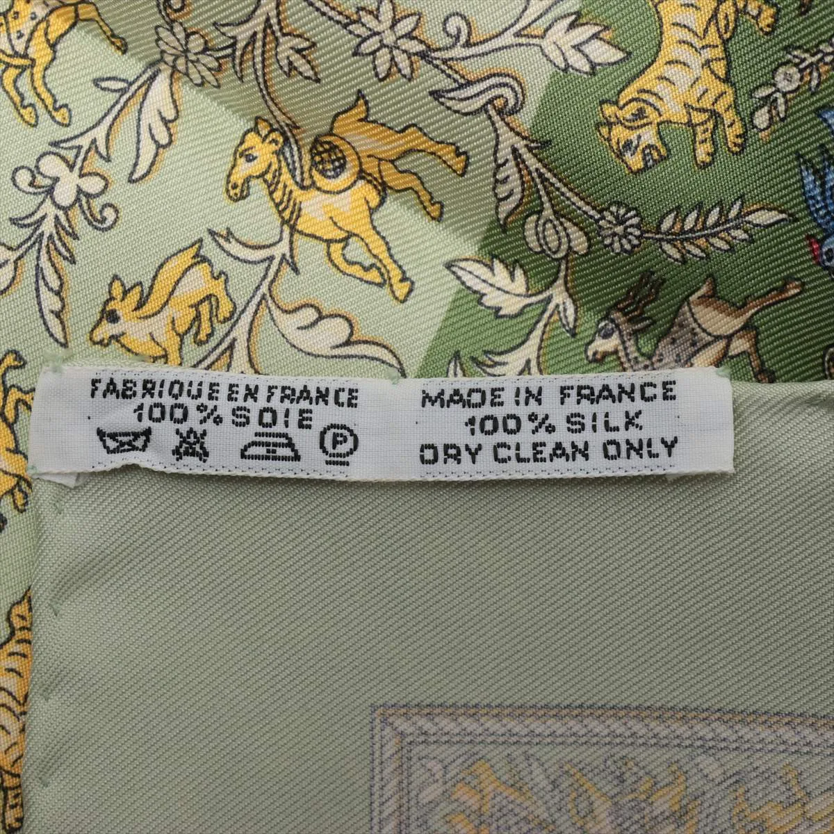 Carre 45 CHASSE EN INDE (Hunting in India) Silk Scarf, Green. Shows signs of wear, — view 7