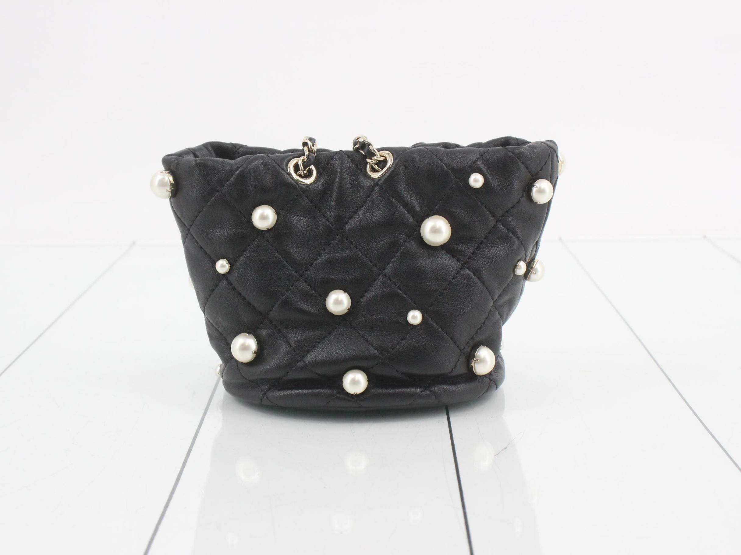 Matelassé Leather Pearl Chain Semi-Shoulder Bag — view 2