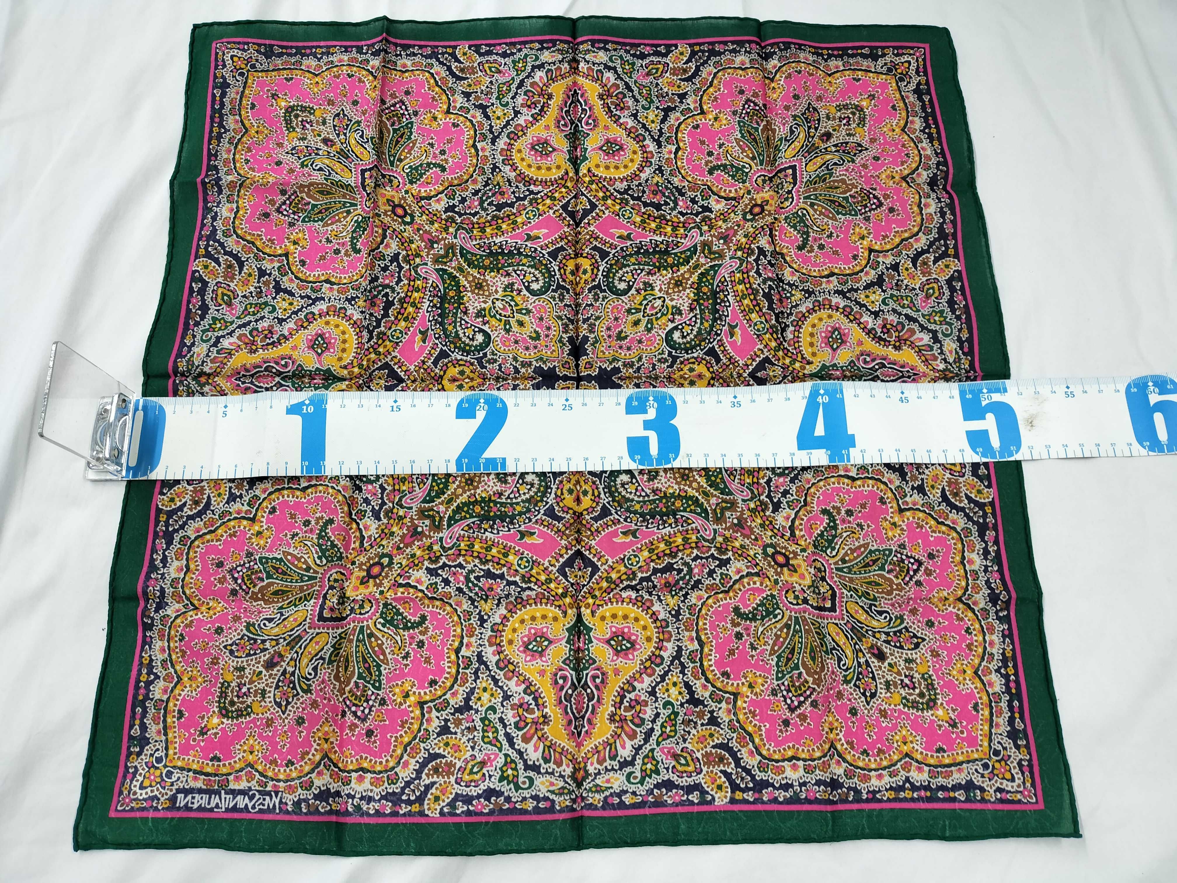 handkerchief/scarf with sticker, paisley pattern, green, and other accessories. — view 2