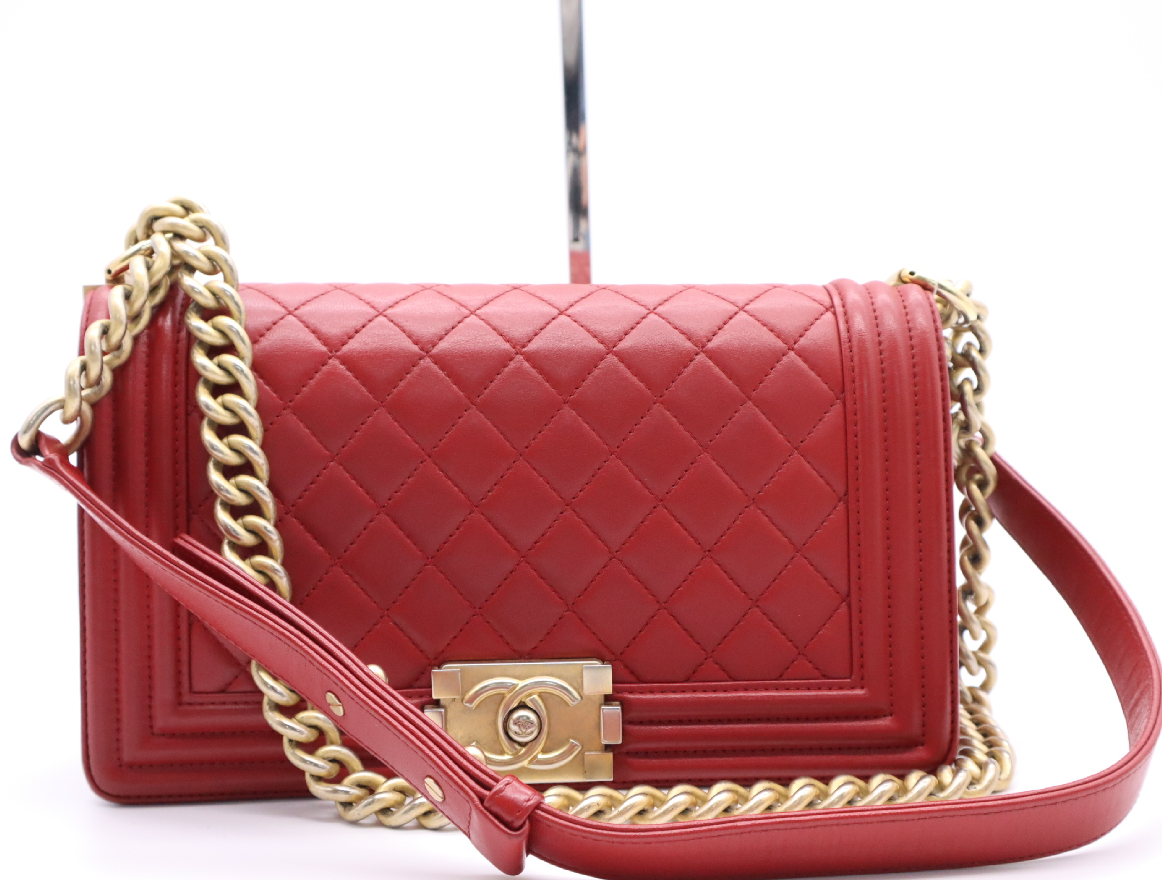 Leather Boy Chanel Chain Shoulder Bag, Red, Gold Hardware, with Seal, 24558034 Shoulder Bag