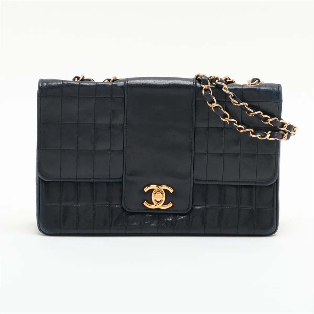 Chocolate Bar Lambskin Single Flap Double Chain Bag, Black with Gold Hardware