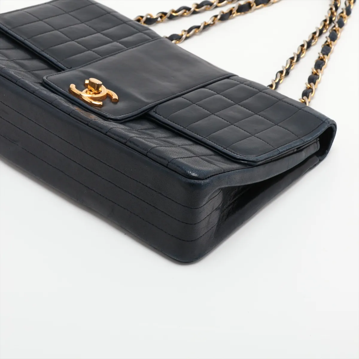 Chocolate Bar Lambskin Single Flap Double Chain Bag, Black with Gold Hardware — view 3