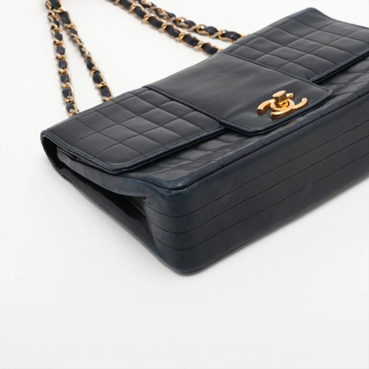 Chocolate Bar Lambskin Single Flap Double Chain Bag, Black with Gold Hardware — view 4