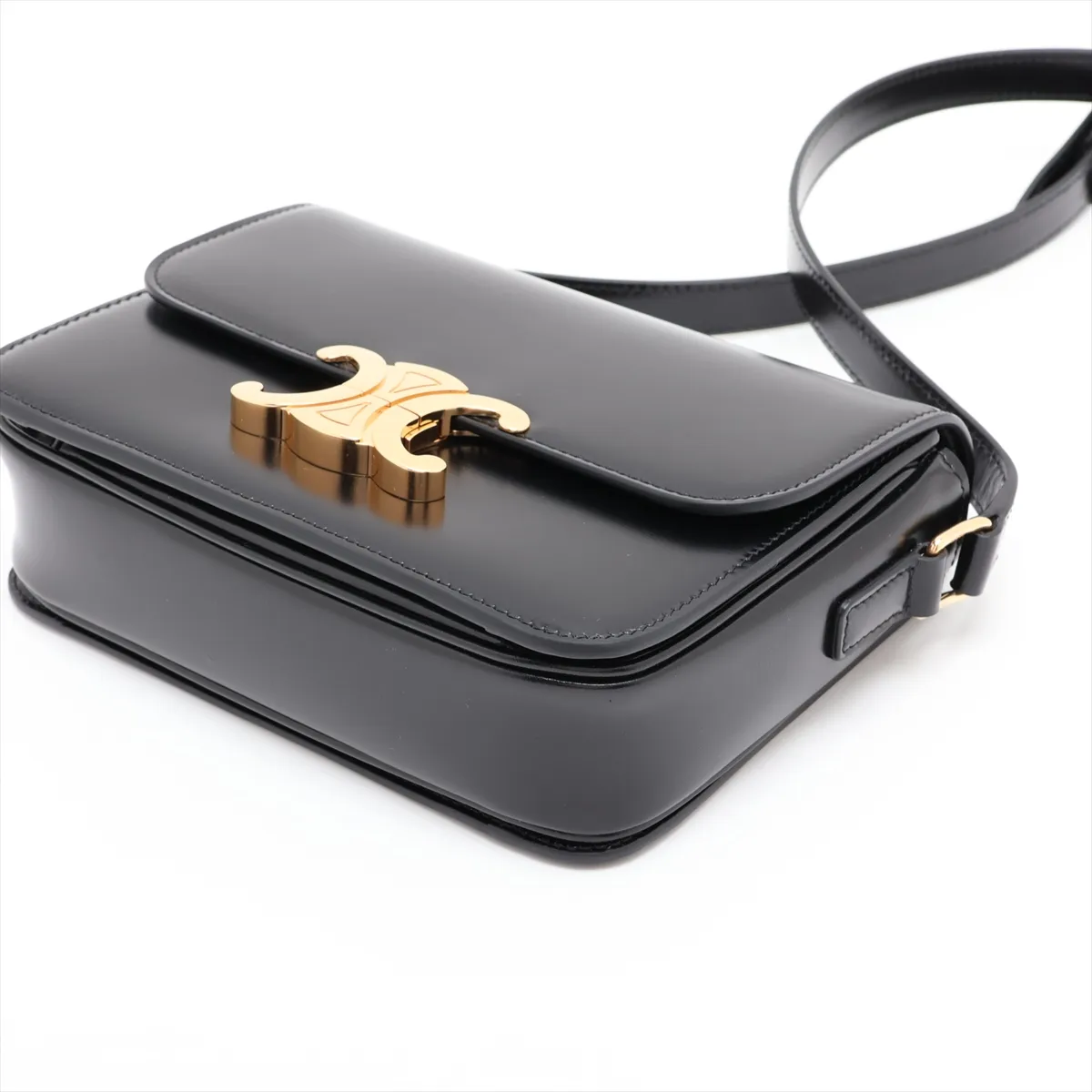 Triomphe Teen Leather Shoulder Bag, Black — view 3