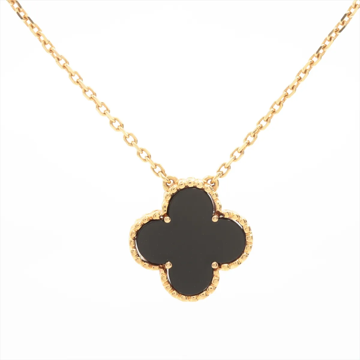 Vintage Alhambra Onyx Necklace 750 (Yellow Gold) 5.0g AL06.00NX236 (Condition: Clasp bent, jump ring open, hole, stone deterioration) — view 2