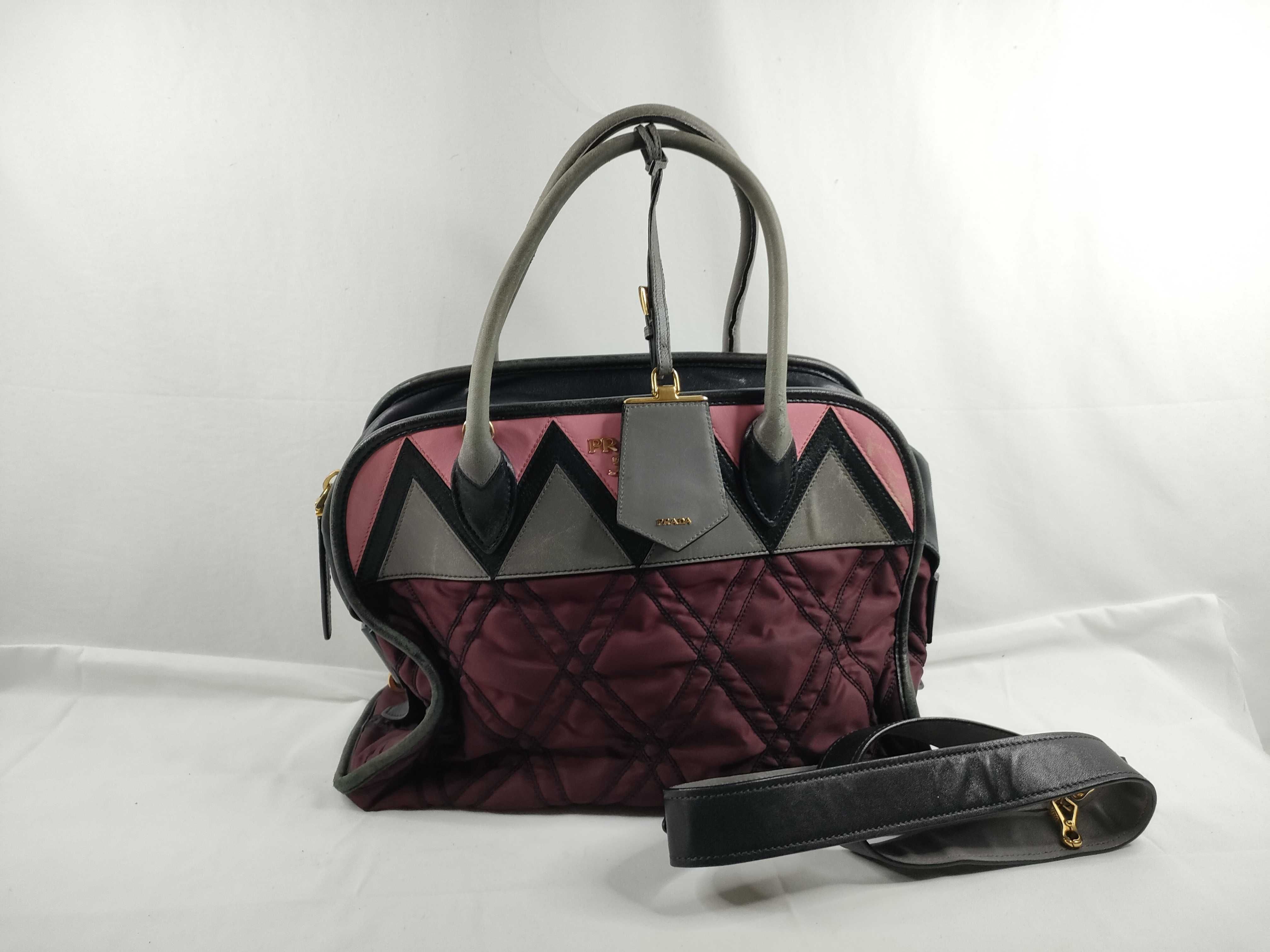 2-way bag with long strap, nylon, quilted leather, wine red handbag