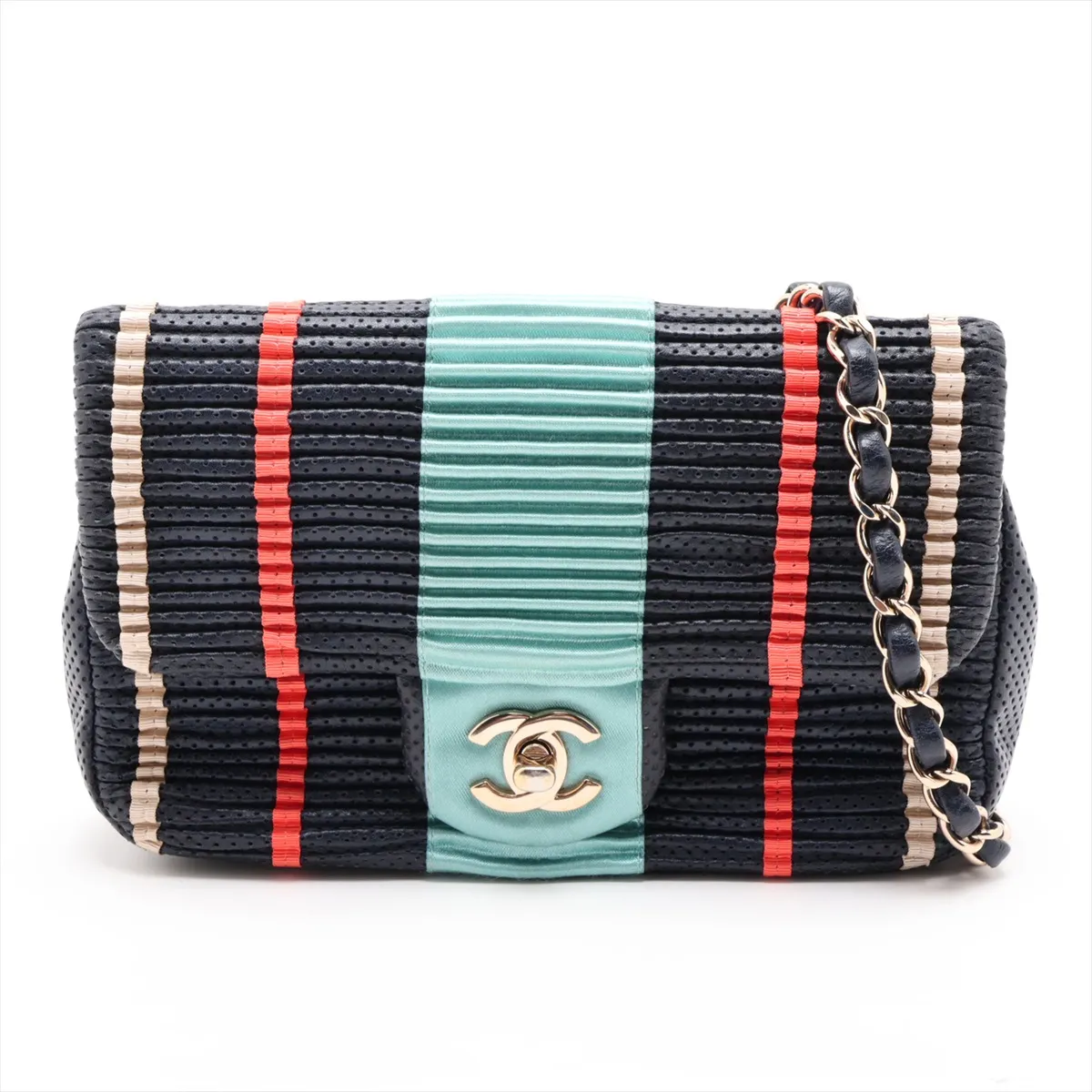 Coco Mark Lambskin x Satin Single Flap Single Chain Bag, Perforated, Navy, Gold Hardware, 27185885, Serial Number 27