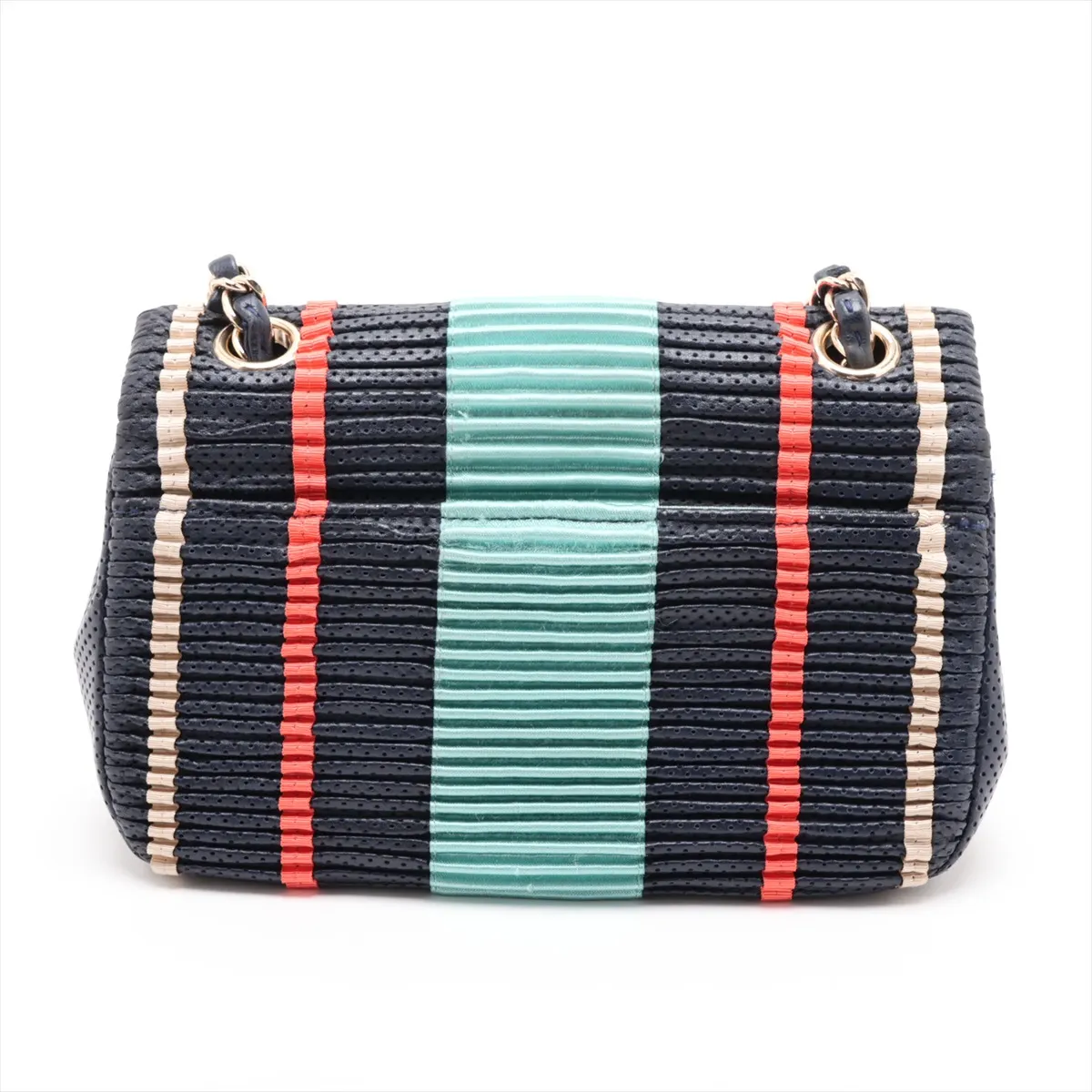 Coco Mark Lambskin x Satin Single Flap Single Chain Bag, Perforated, Navy, Gold Hardware, 27185885, Serial Number 27 — view 2