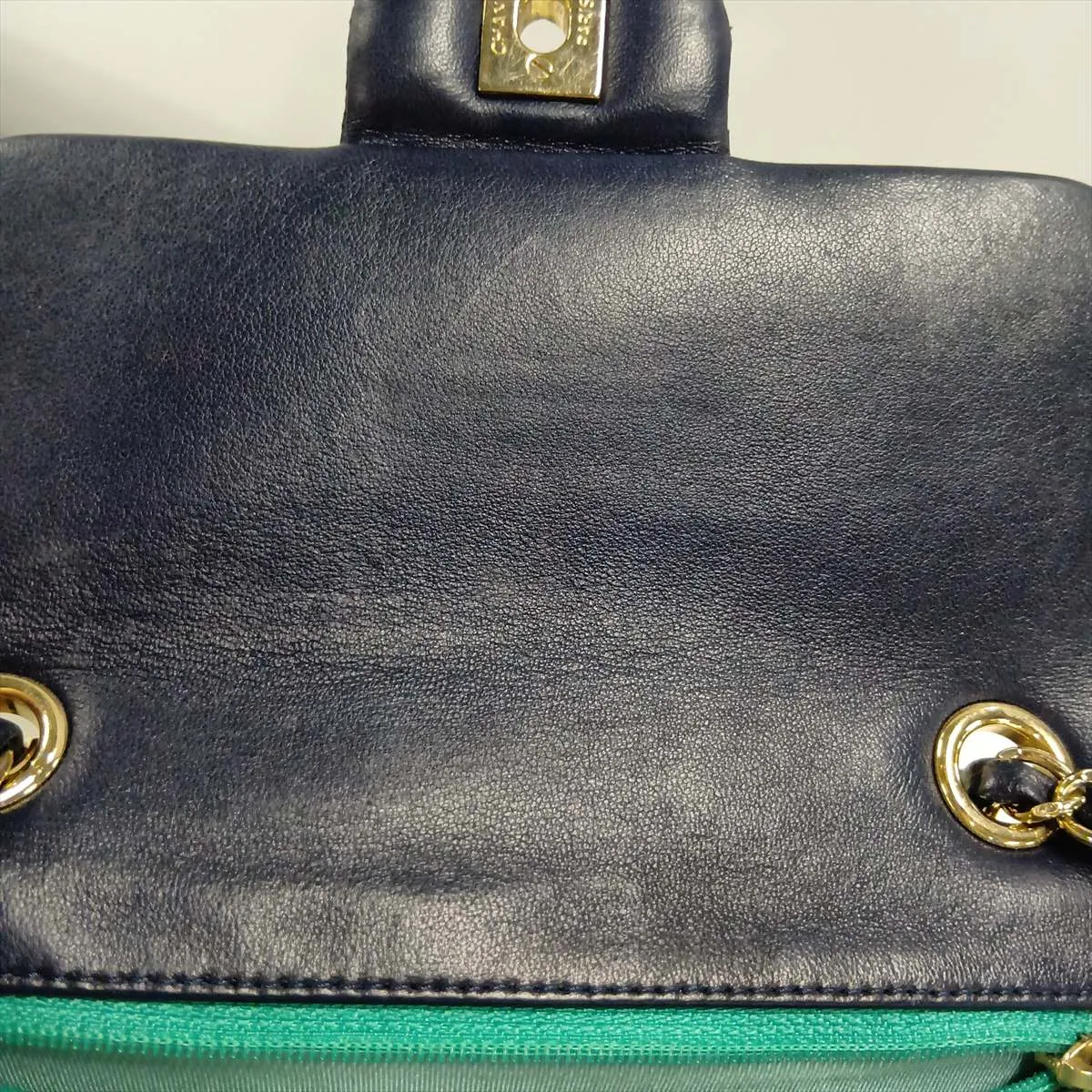 Coco Mark Lambskin x Satin Single Flap Single Chain Bag, Perforated, Navy, Gold Hardware, 27185885, Serial Number 27 — view 13