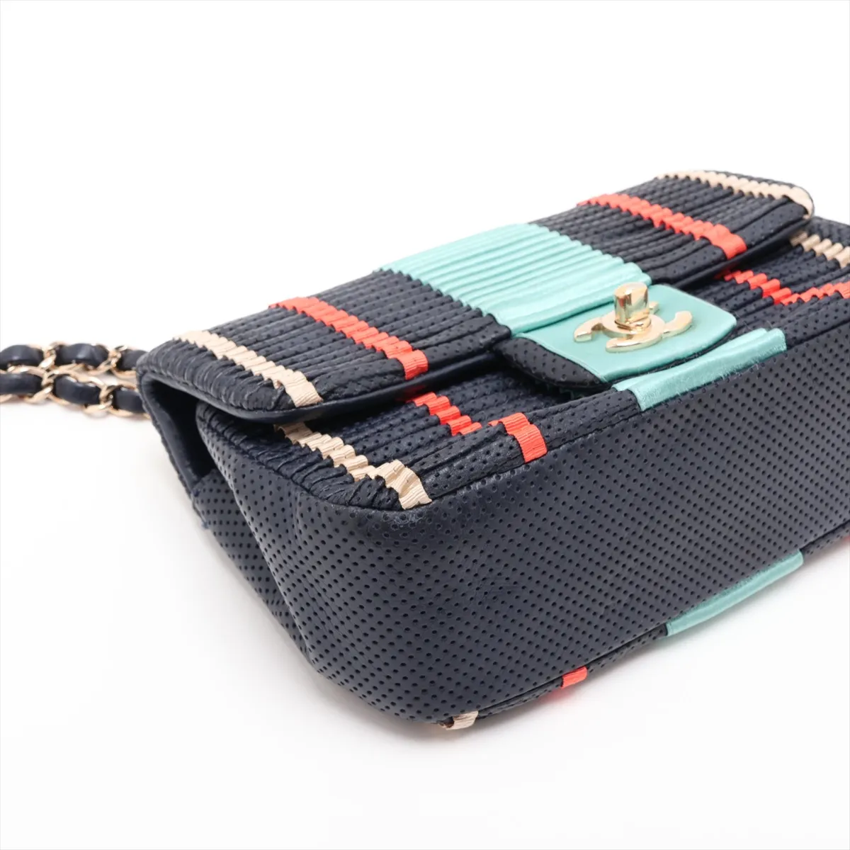 Coco Mark Lambskin x Satin Single Flap Single Chain Bag, Perforated, Navy, Gold Hardware, 27185885, Serial Number 27 — view 4