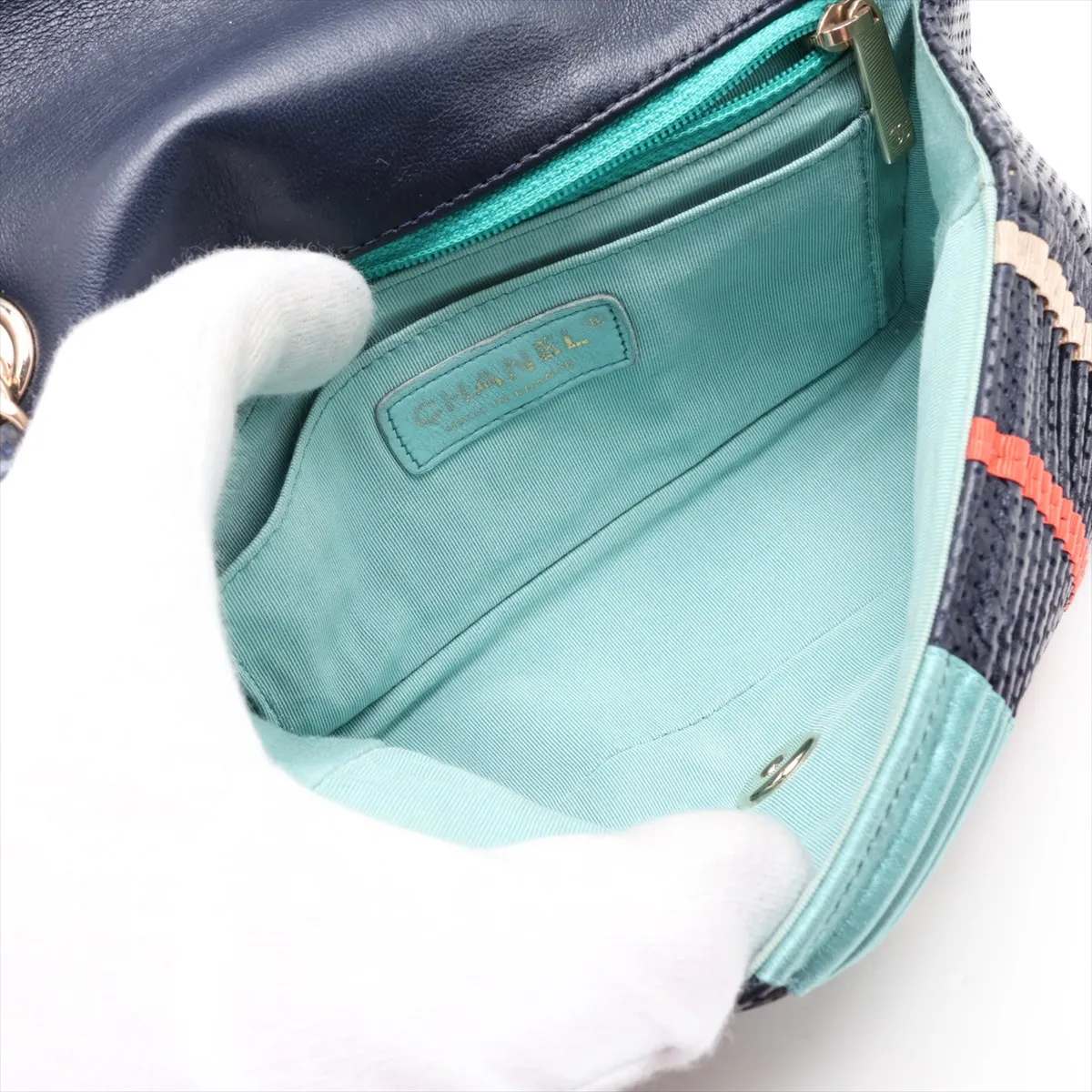 Coco Mark Lambskin x Satin Single Flap Single Chain Bag, Perforated, Navy, Gold Hardware, 27185885, Serial Number 27 — view 6