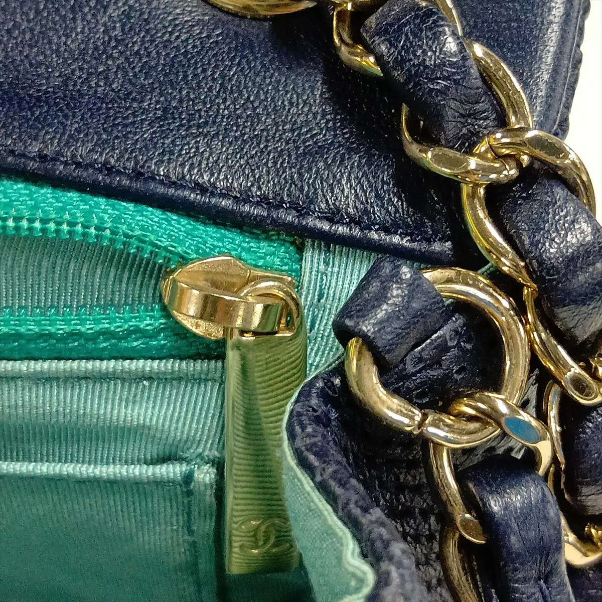 Coco Mark Lambskin x Satin Single Flap Single Chain Bag, Perforated, Navy, Gold Hardware, 27185885, Serial Number 27 — view 9