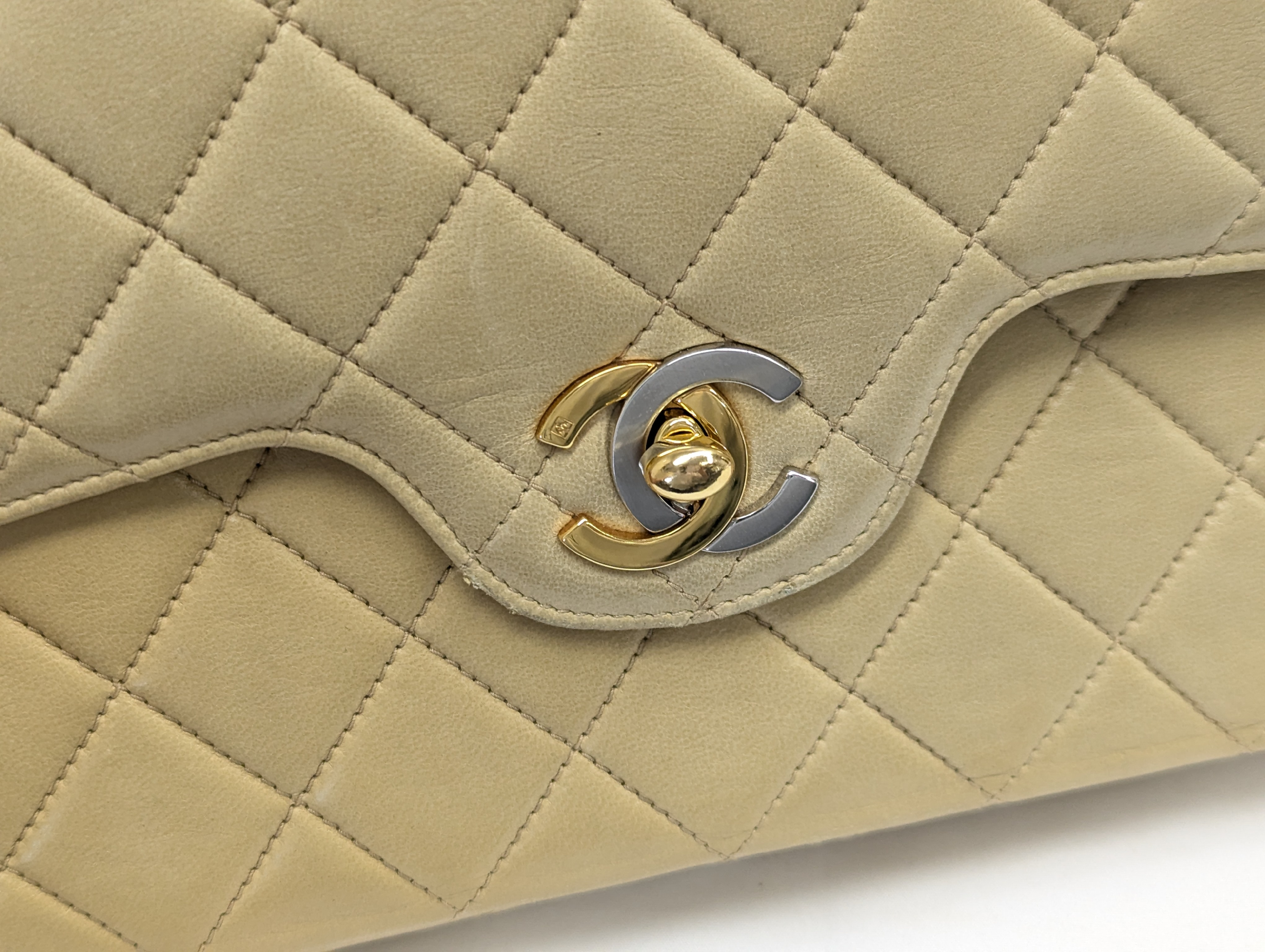 Lambskin Paris Limited Edition Double Flap Beige Shoulder Bag — view 9