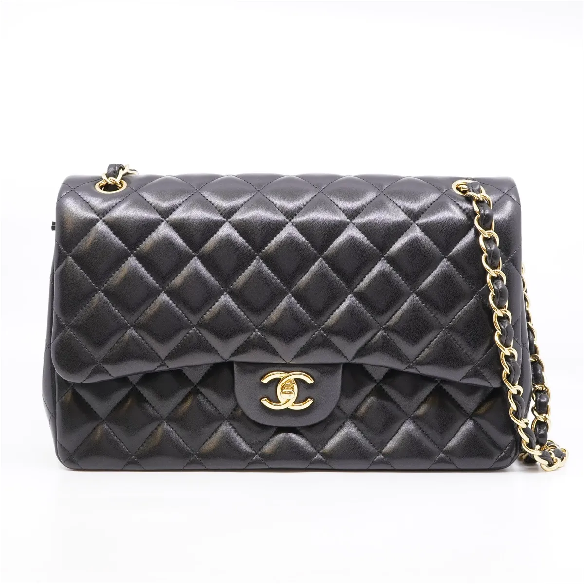 Large Matelassé 30 Lambskin Double Flap Double Chain Tote Bag, Black with Gold Hardware, 1686020, Dust Bag Included.