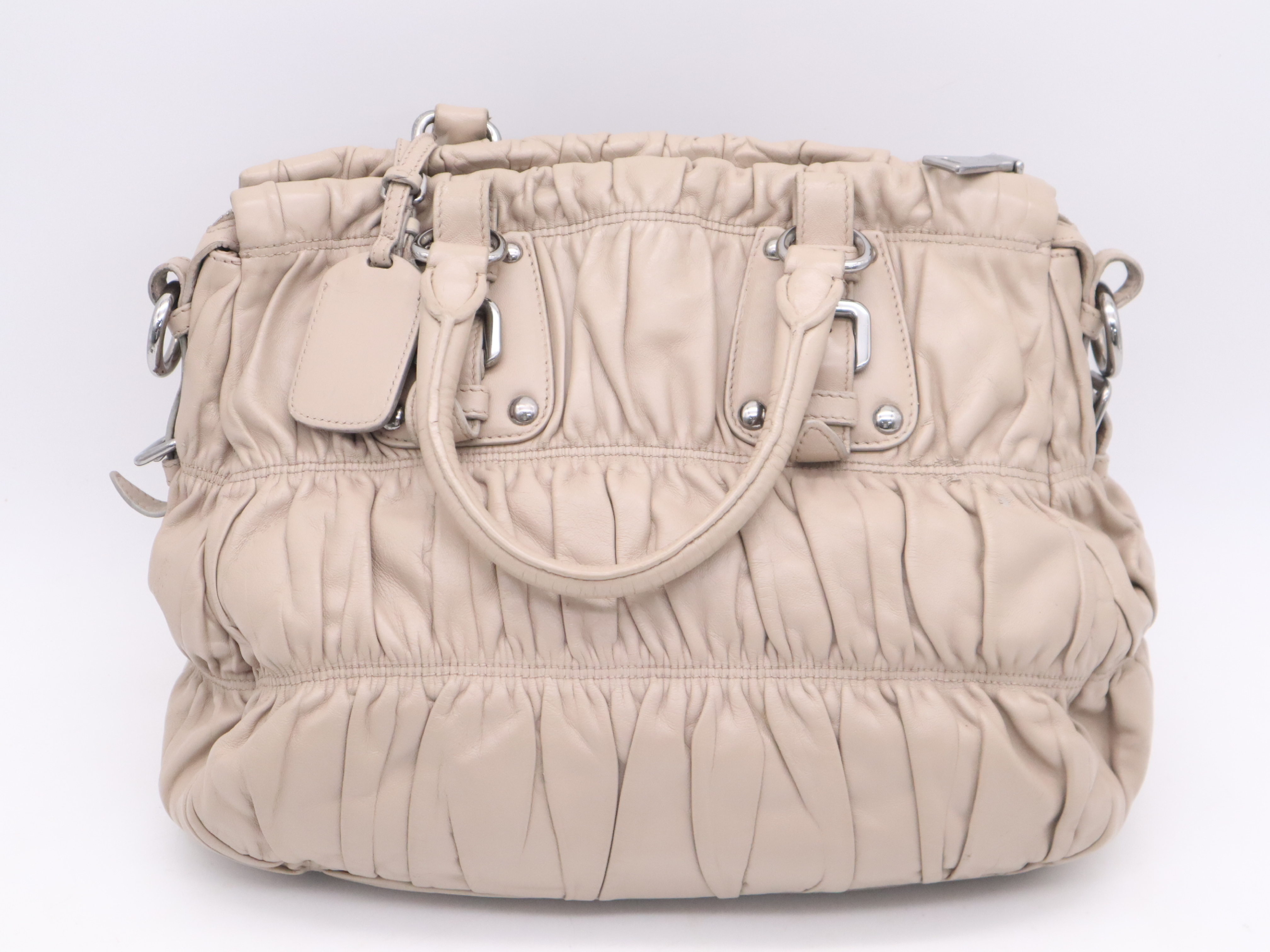 Leather Logo Gathered Tote Bag, Beige, with Shoulder Strap and Name Tag. — view 2