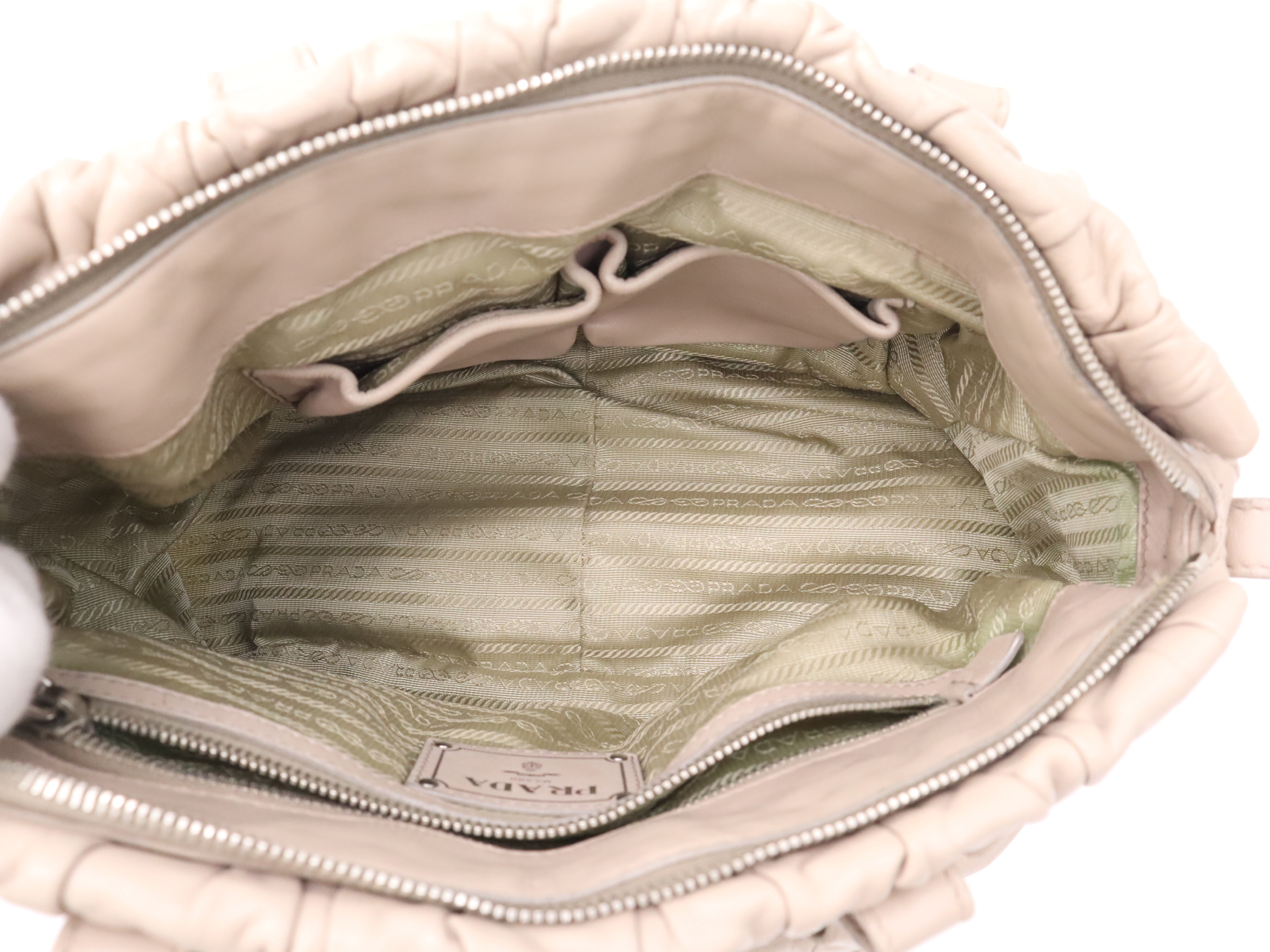 Leather Logo Gathered Tote Bag, Beige, with Shoulder Strap and Name Tag. — view 12